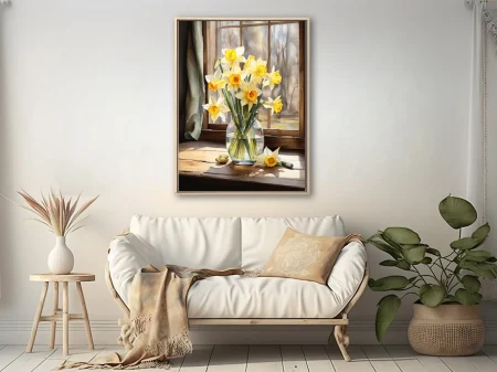 Watercolor-style daffodil bouquet in glass vase by sunlit wooden window