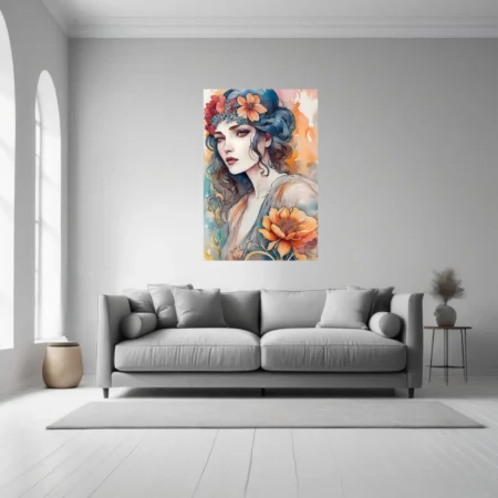 Decorative watercolor-style portrait of a woman with floral crown, blue and orange palette