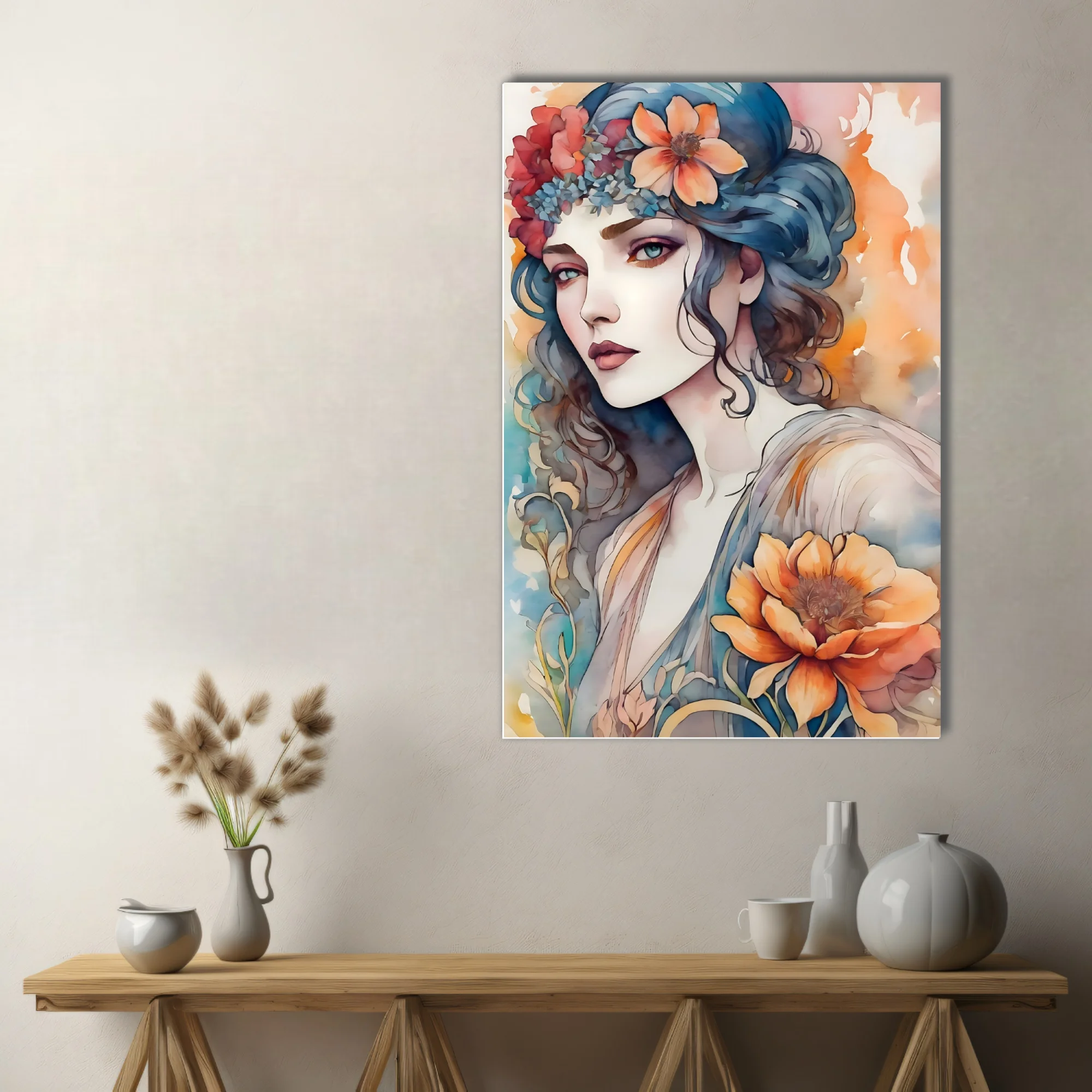 Decorative watercolor-style portrait of a woman with floral crown, blue and orange palette