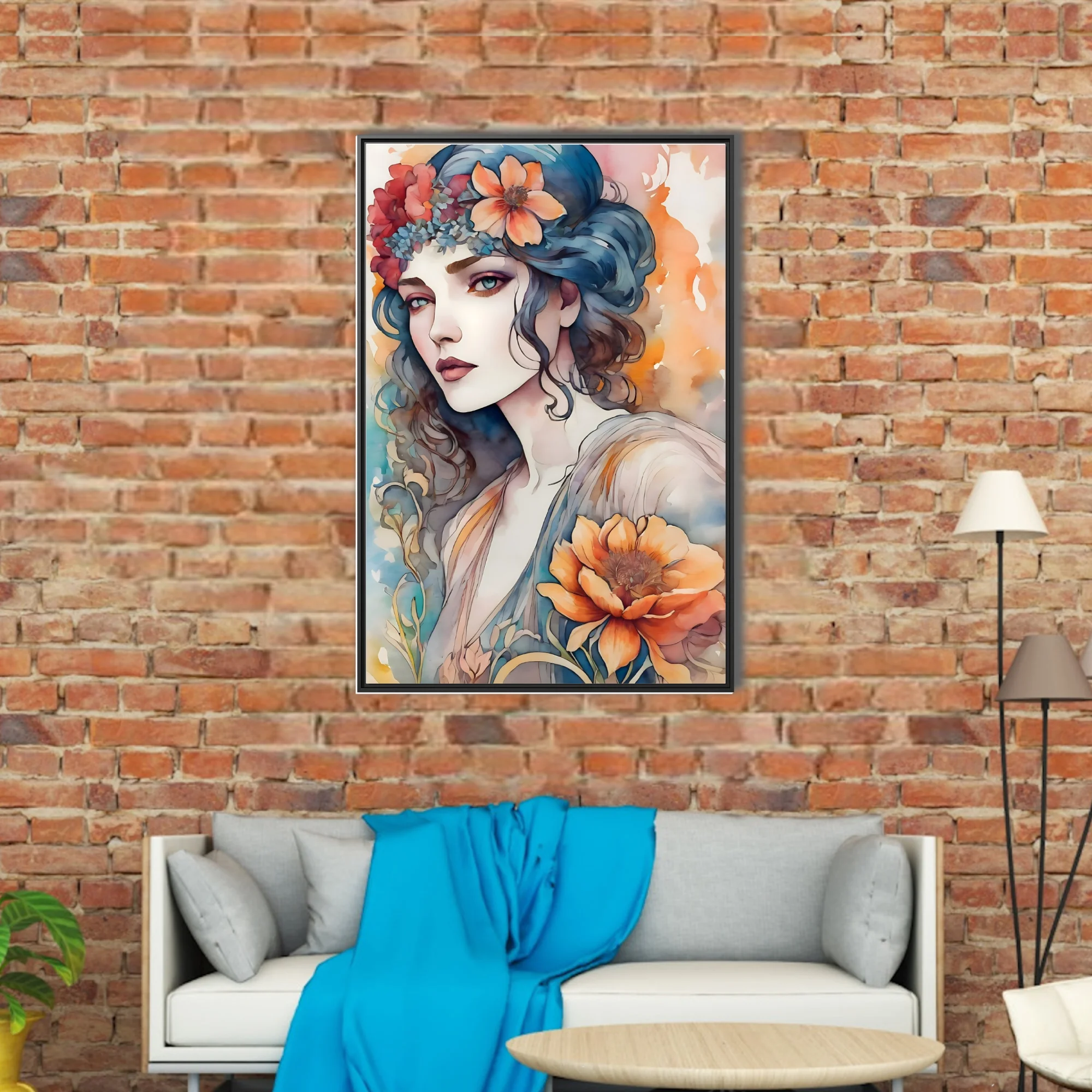Decorative watercolor-style portrait of a woman with floral crown, blue and orange palette