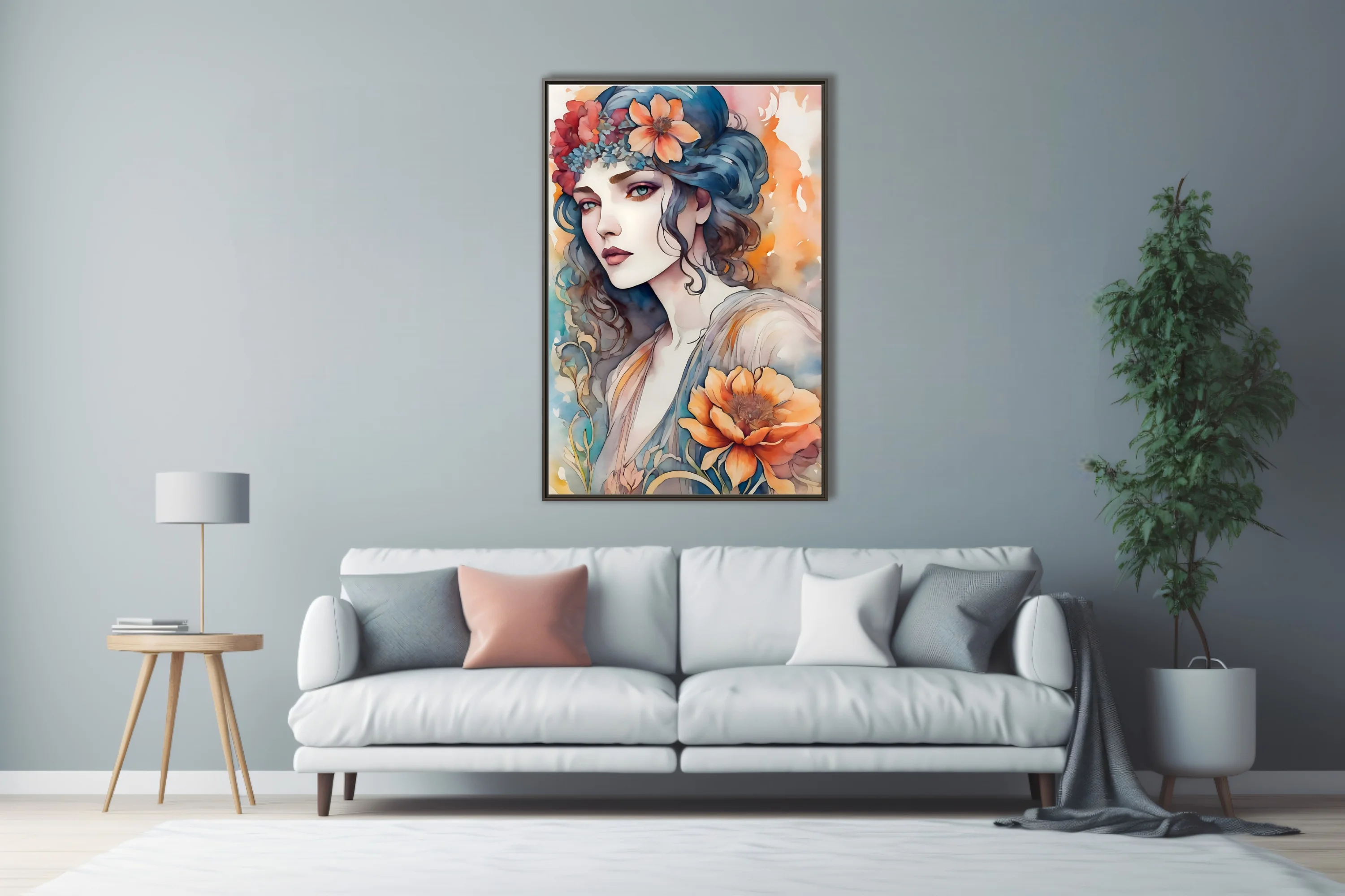 Decorative watercolor-style portrait of a woman with floral crown, blue and orange palette