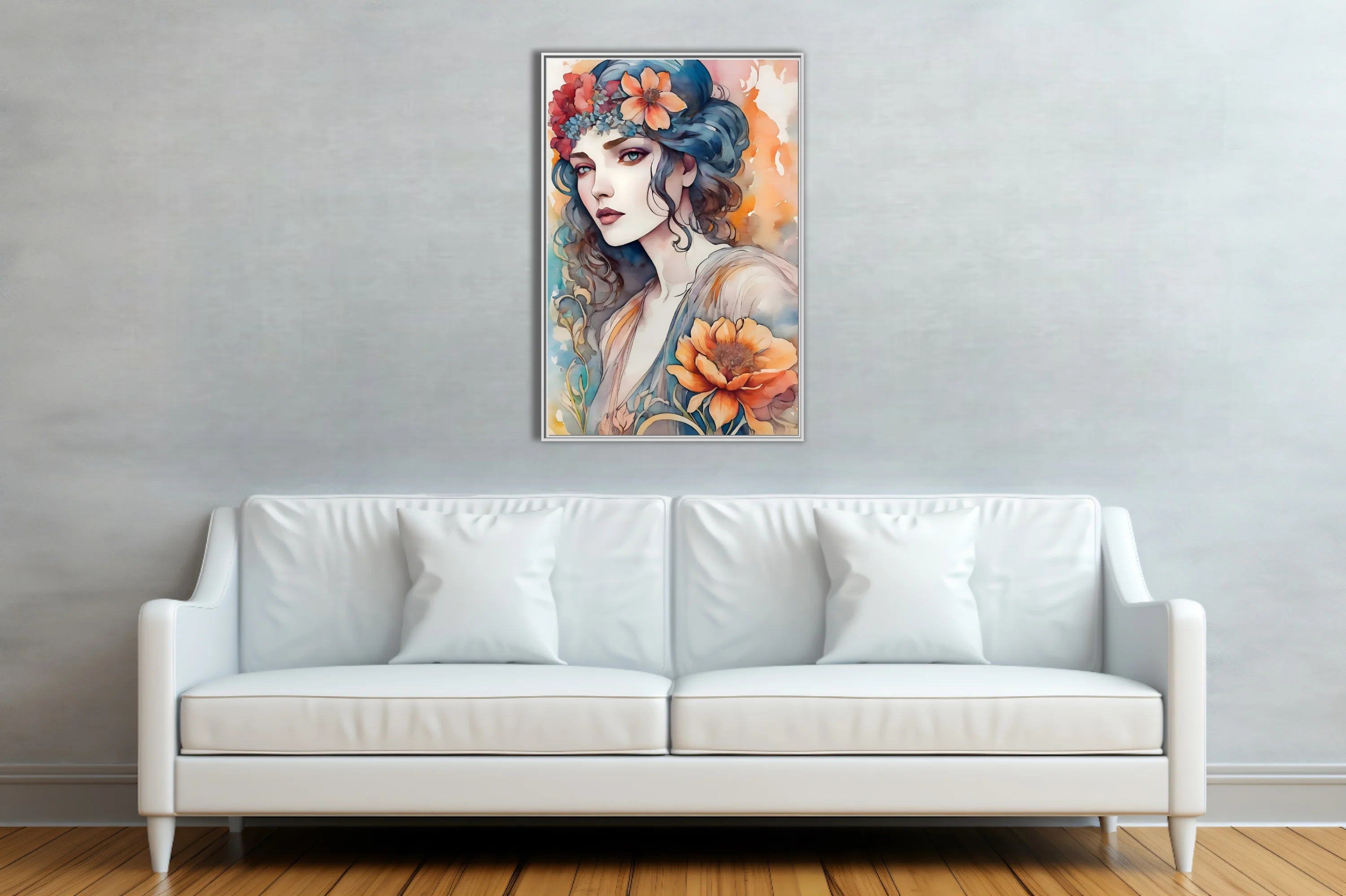 Decorative watercolor-style portrait of a woman with floral crown, blue and orange palette