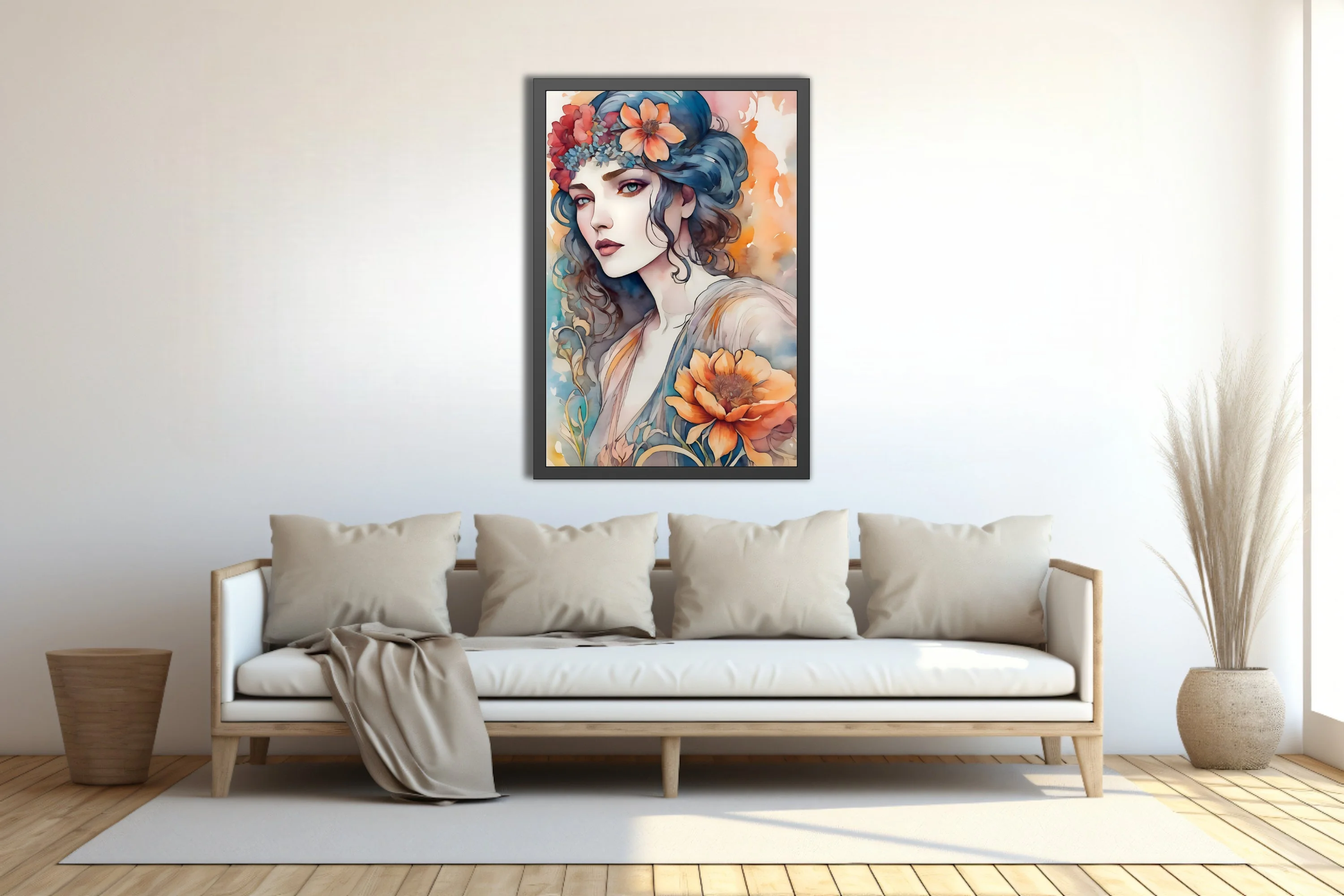 Decorative watercolor-style portrait of a woman with floral crown, blue and orange palette