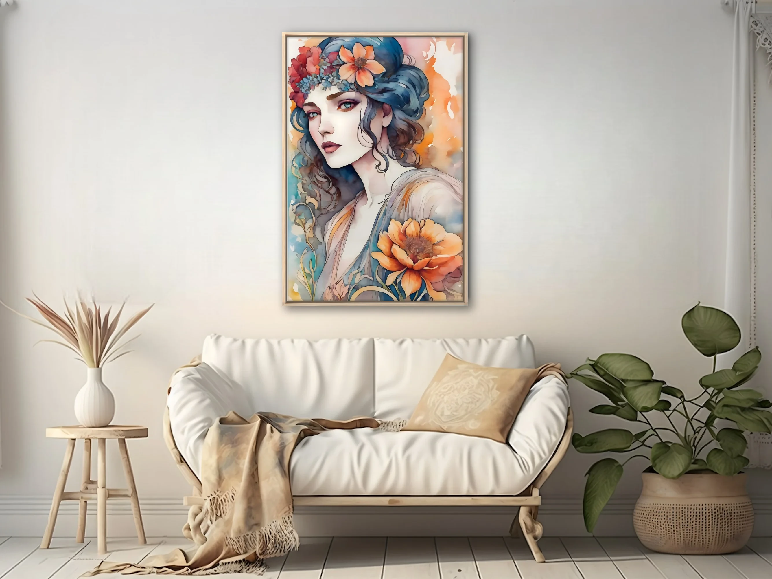 Decorative watercolor-style portrait of a woman with floral crown, blue and orange palette