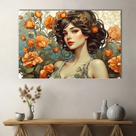 Ornate decorative floral portrait, dark-haired figure with orange roses, warm amber tones