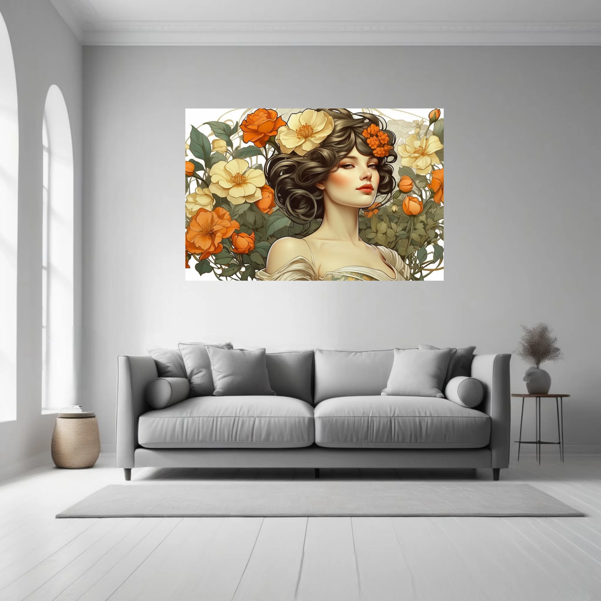 Decorative woman portrait with orange and cream floral botanical illustration