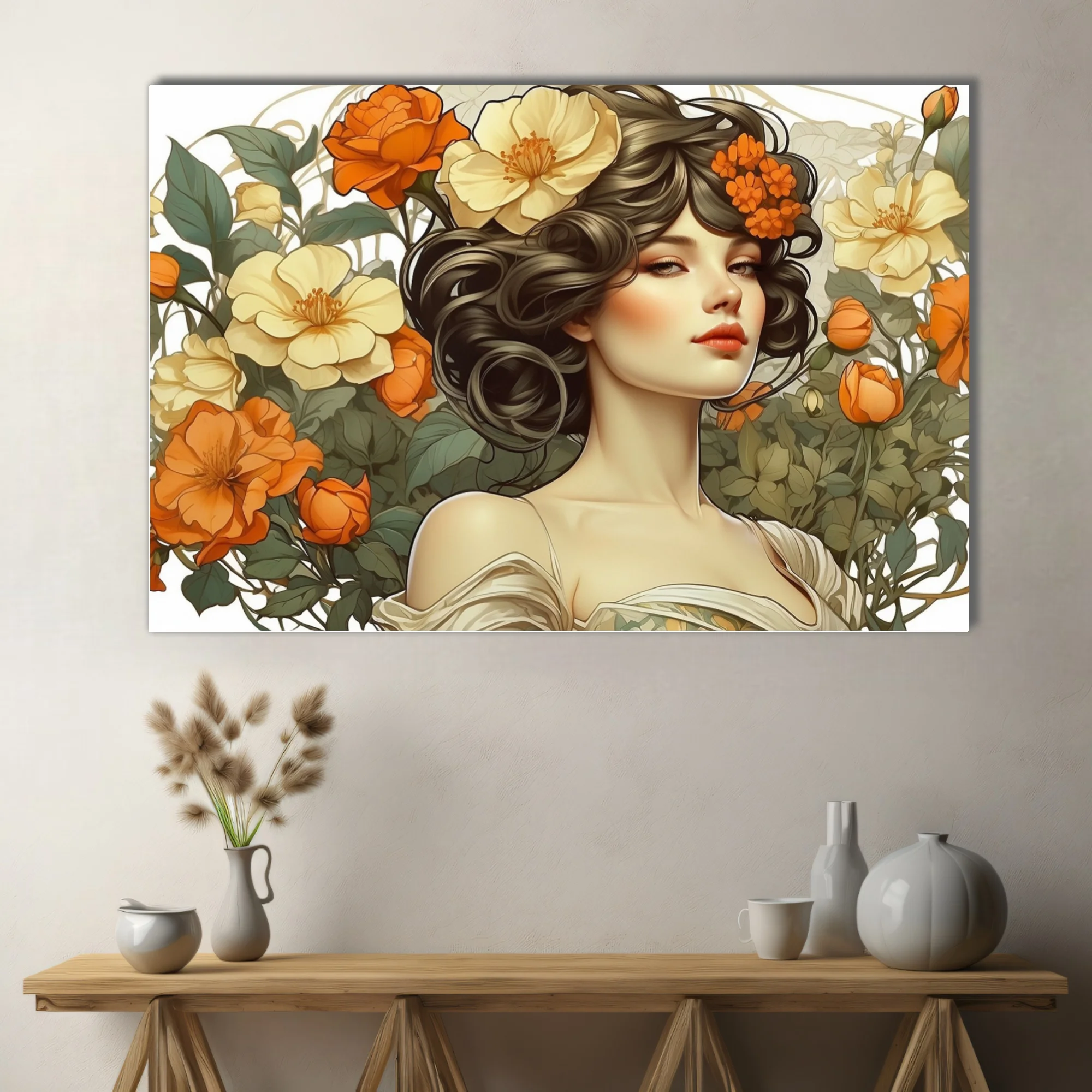 Decorative woman portrait with orange and cream floral botanical illustration