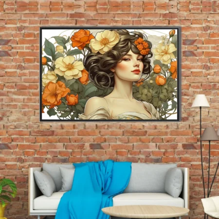 Decorative woman portrait with orange and cream floral botanical illustration