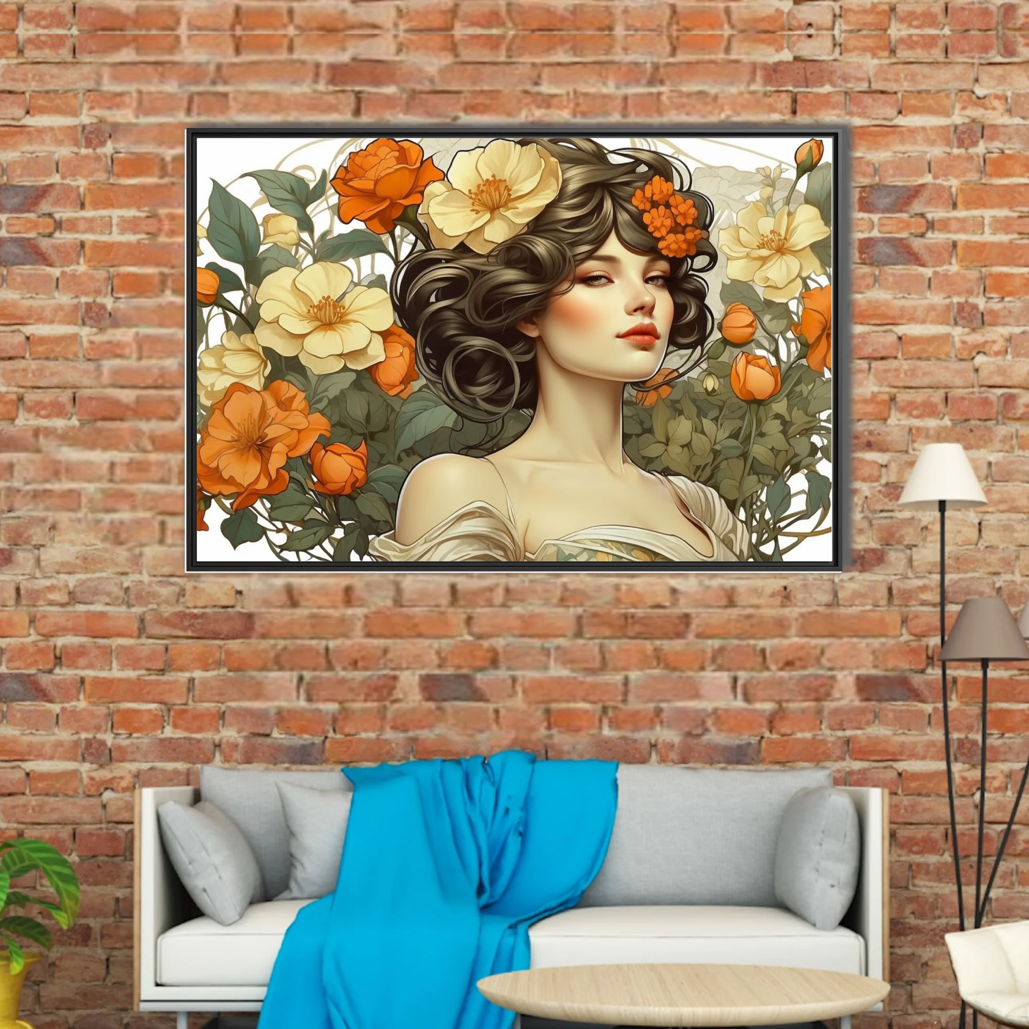 Decorative woman portrait with orange and cream floral botanical illustration