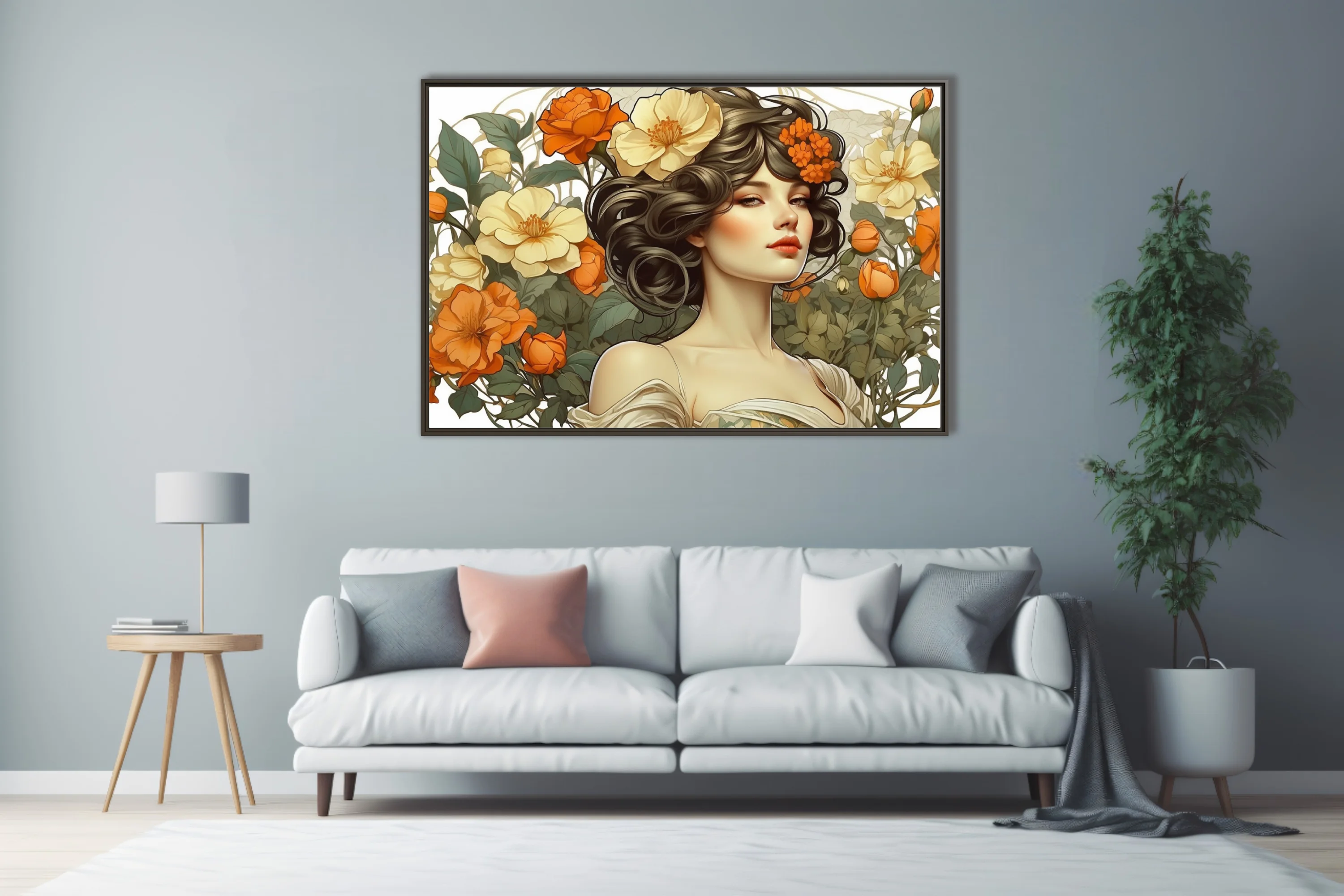 Decorative woman portrait with orange and cream floral botanical illustration