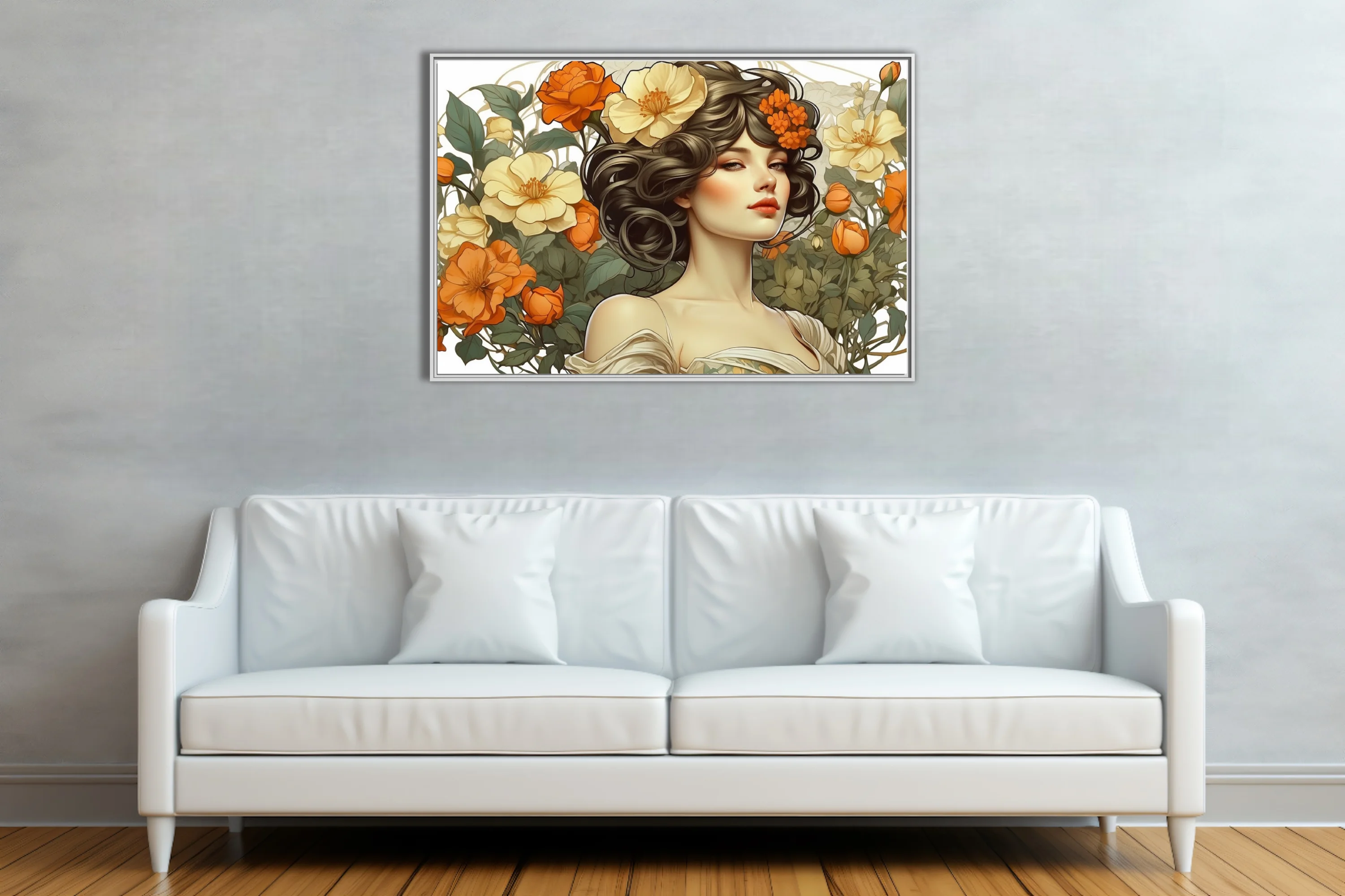 Decorative woman portrait with orange and cream floral botanical illustration