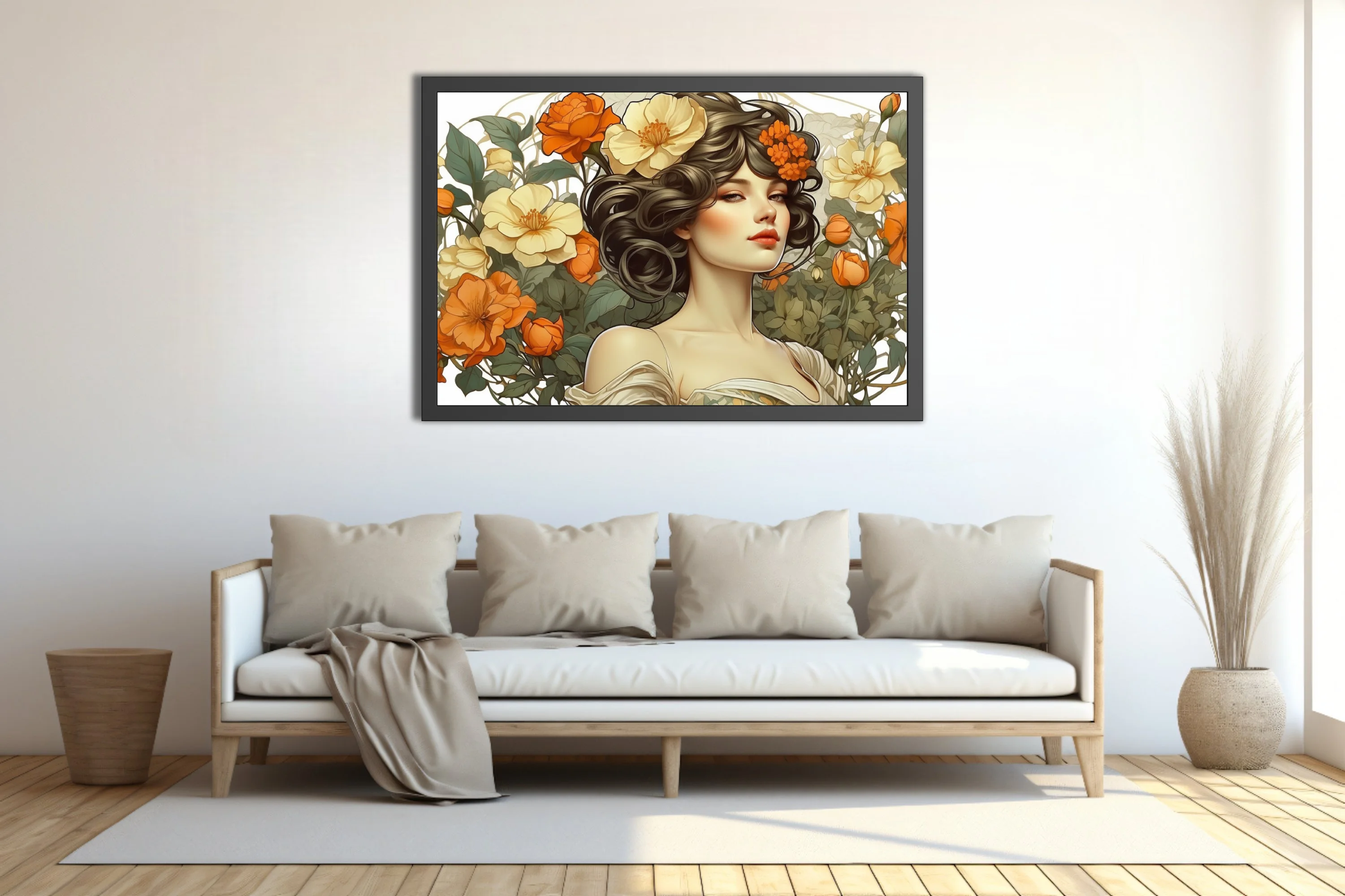 Decorative woman portrait with orange and cream floral botanical illustration