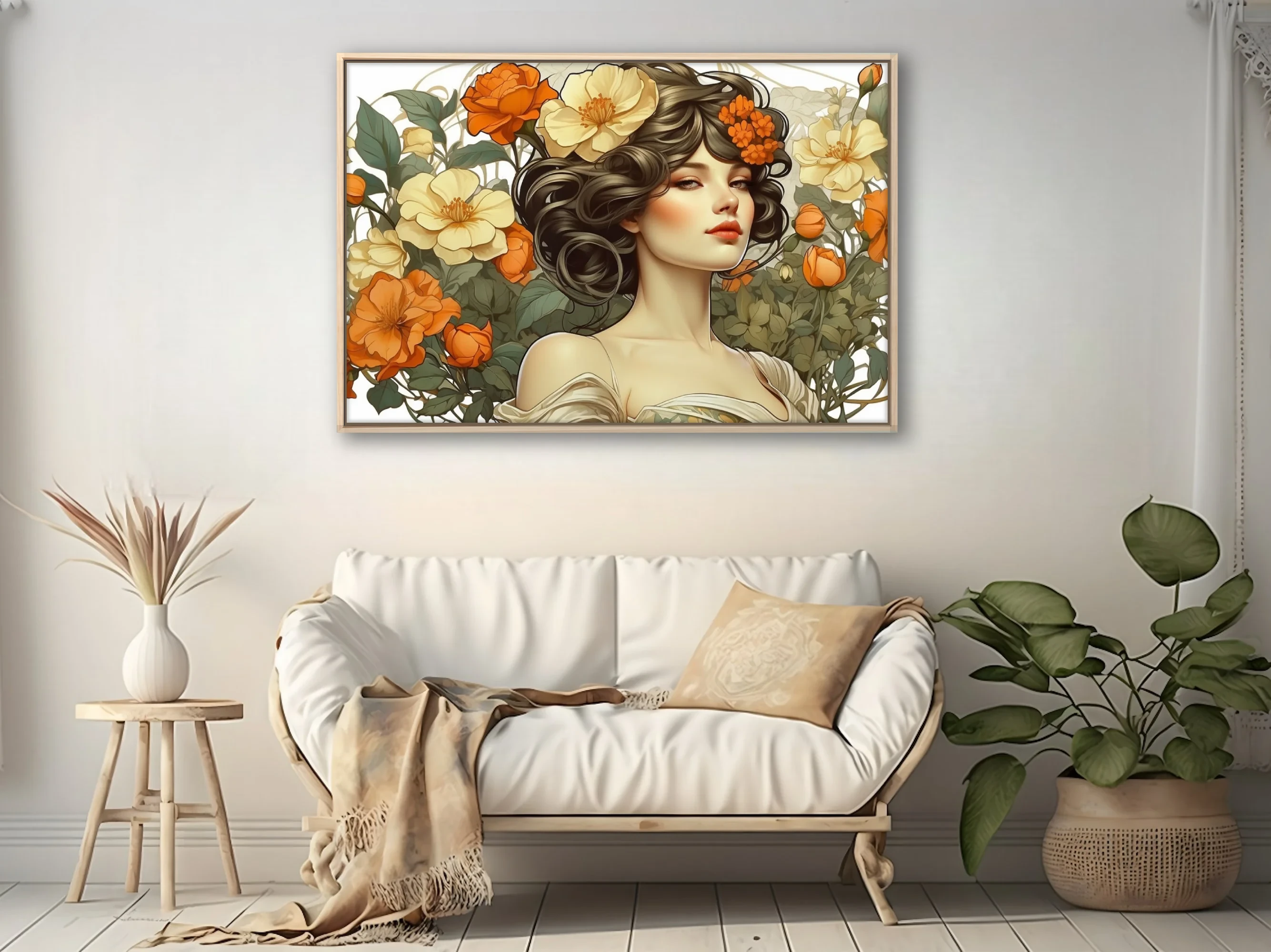 Decorative woman portrait with orange and cream floral botanical illustration