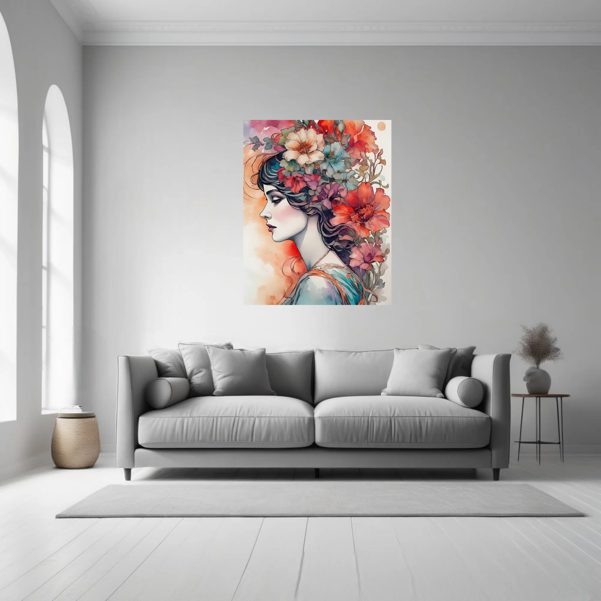 Decorative floral portrait, woman profile with cascading blooms, rich watercolor-style palette