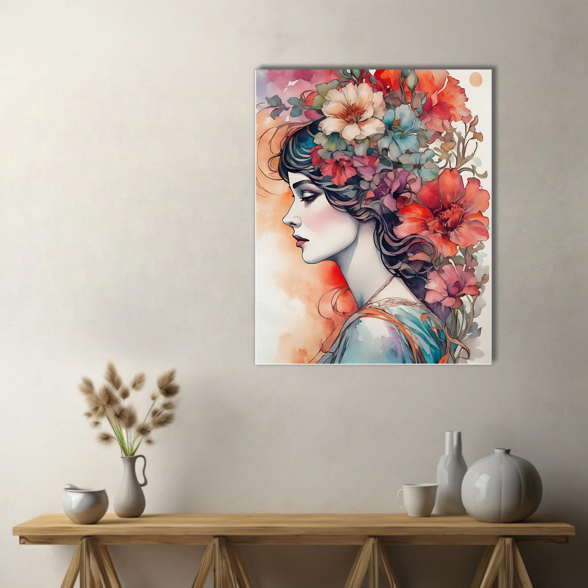 Decorative floral portrait, woman profile with cascading blooms, rich watercolor-style palette