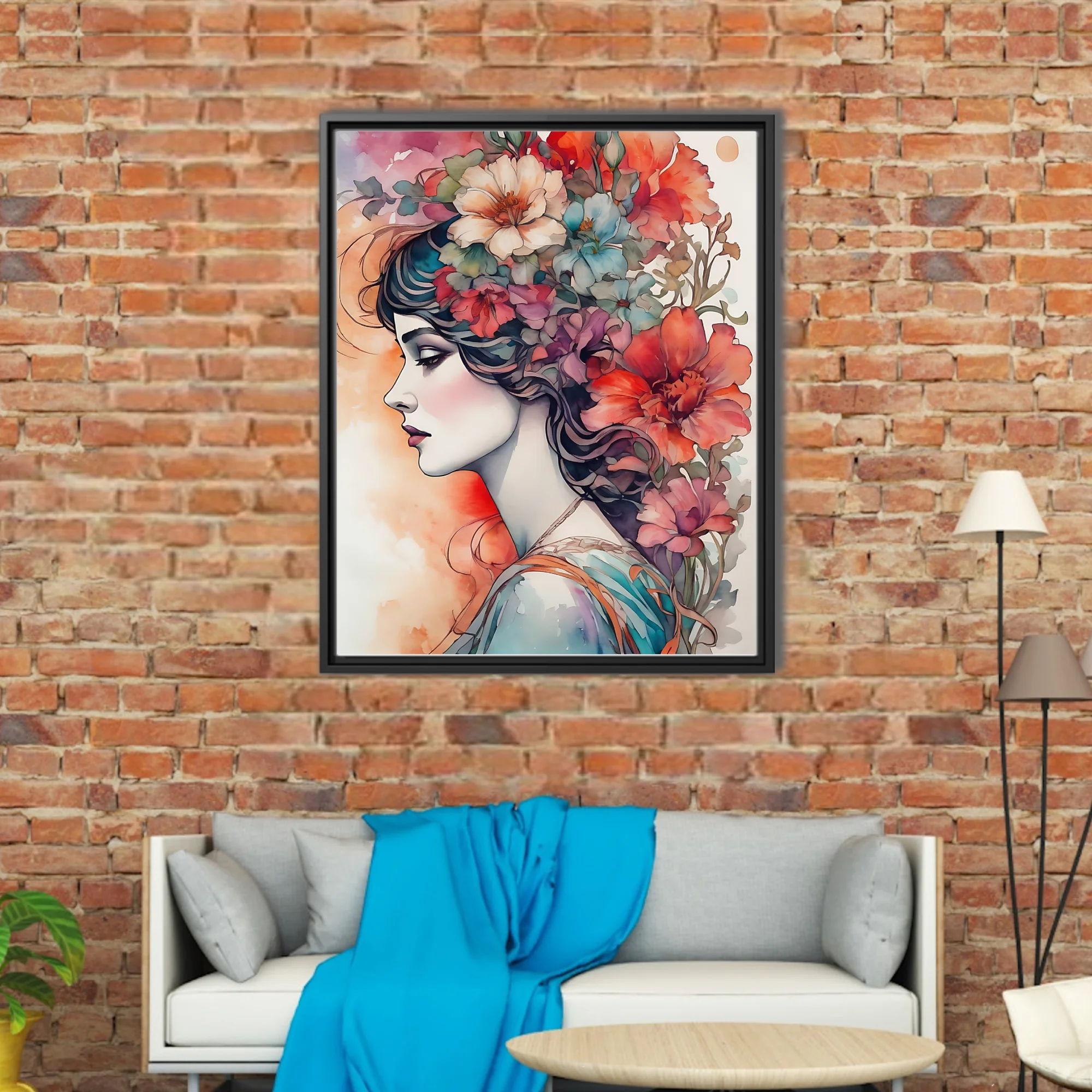 Decorative floral portrait, woman profile with cascading blooms, rich watercolor-style palette