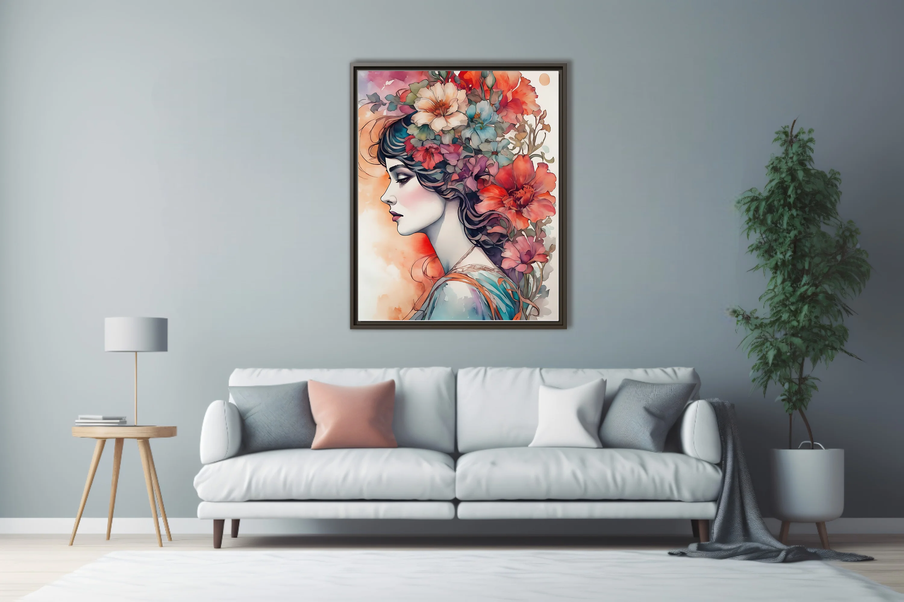 Decorative floral portrait, woman profile with cascading blooms, rich watercolor-style palette