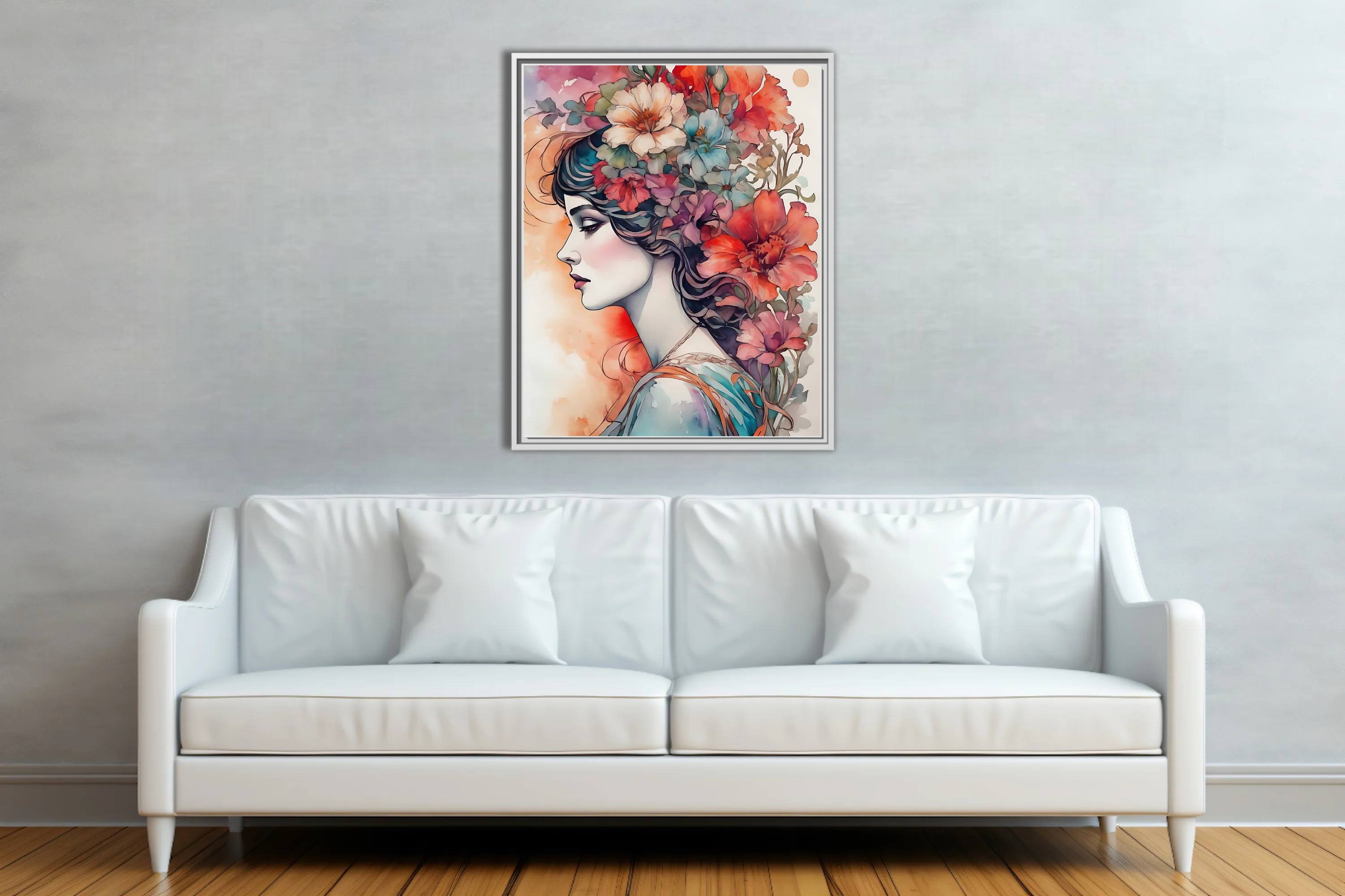 Decorative floral portrait, woman profile with cascading blooms, rich watercolor-style palette