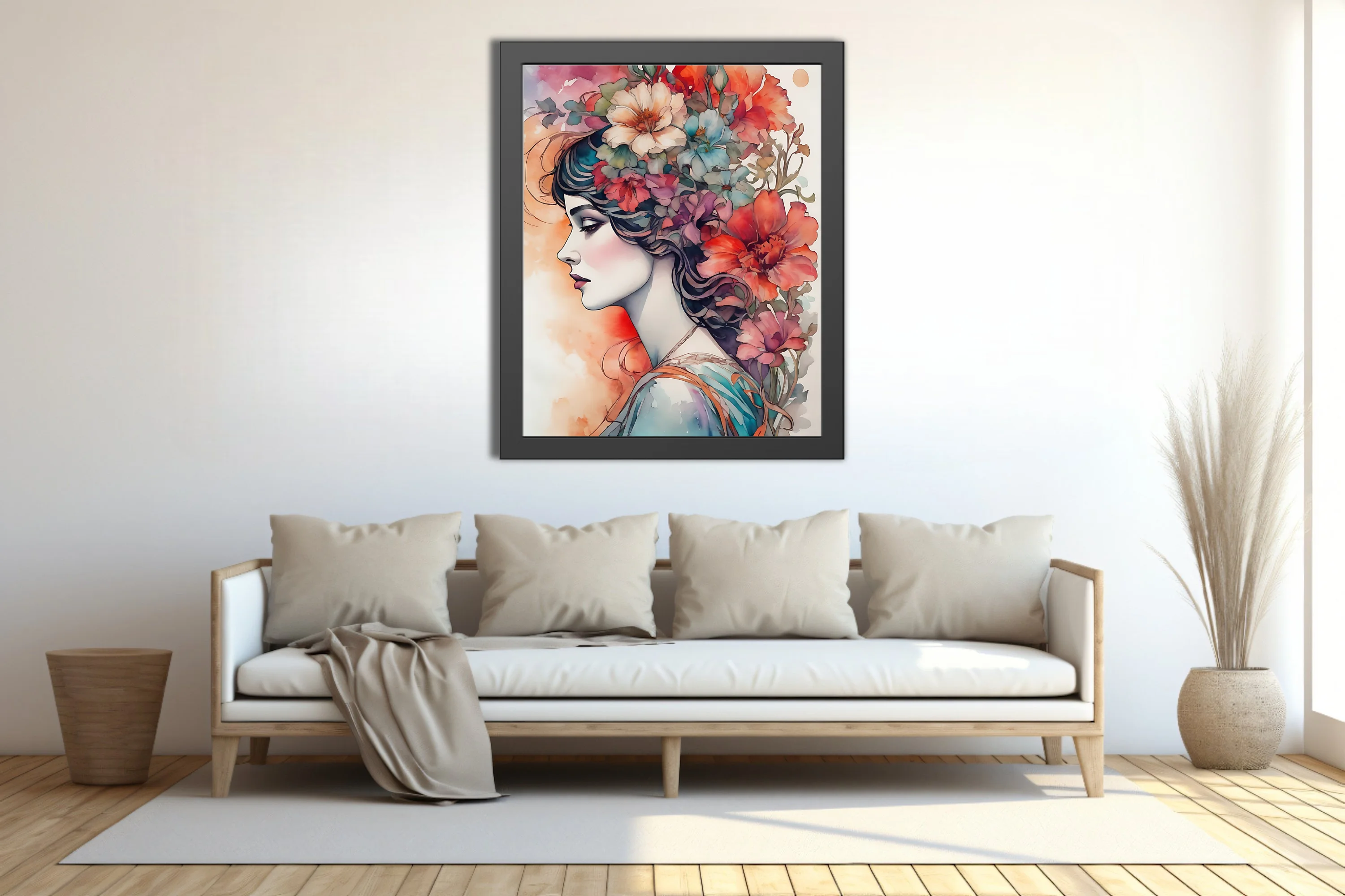 Decorative floral portrait, woman profile with cascading blooms, rich watercolor-style palette