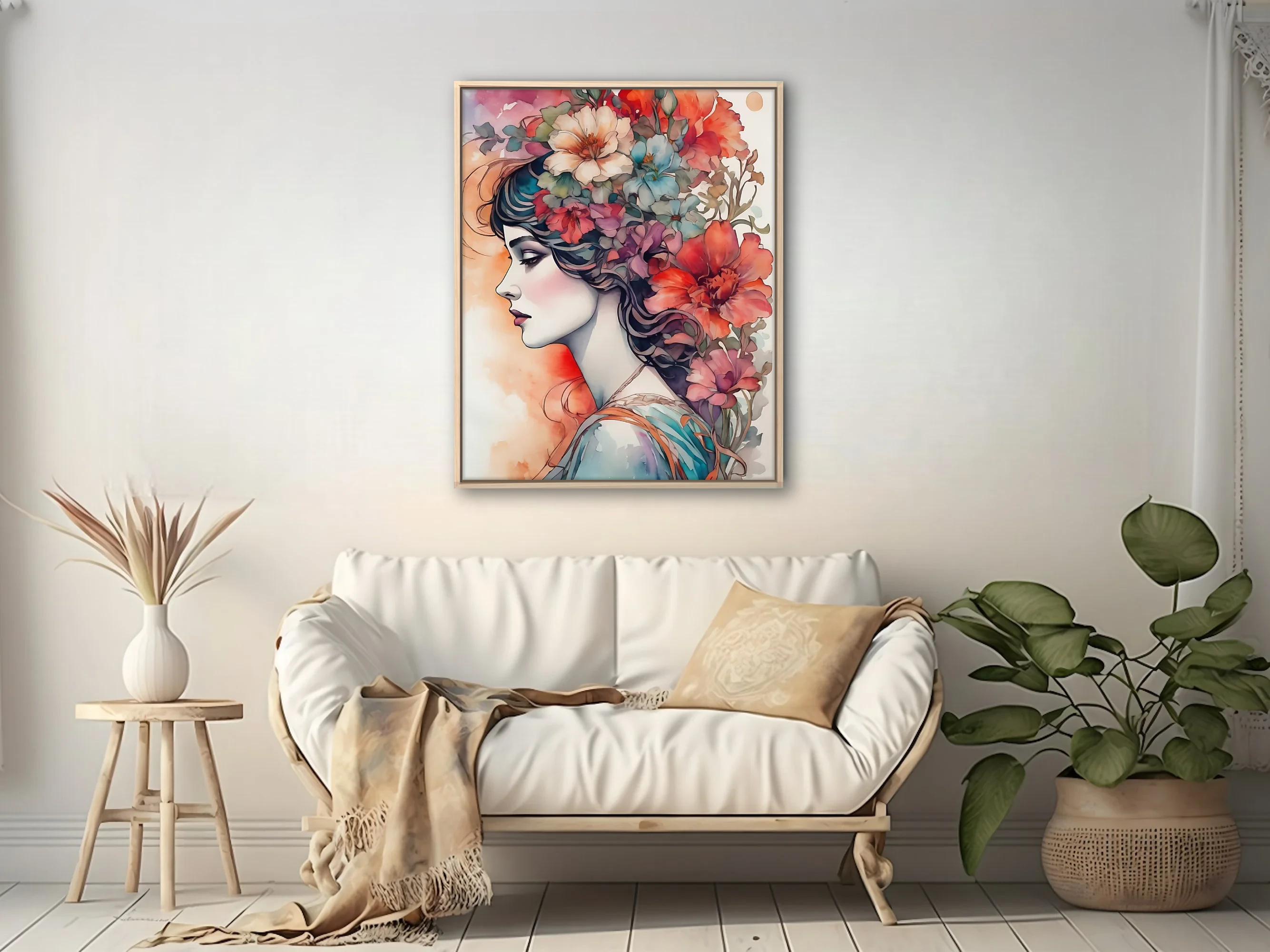 Decorative floral portrait, woman profile with cascading blooms, rich watercolor-style palette
