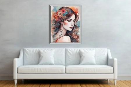 Watercolor-style decorative woman portrait with floral crown, teal and blush palette