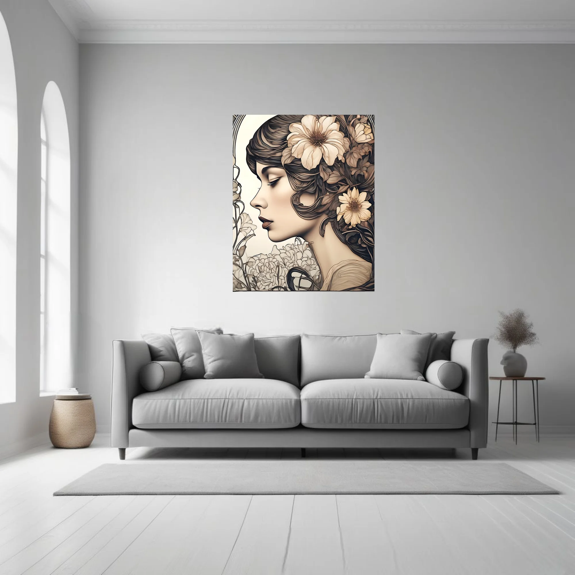 Decorative woman portrait with floral hair, sepia tones and sinuous linework