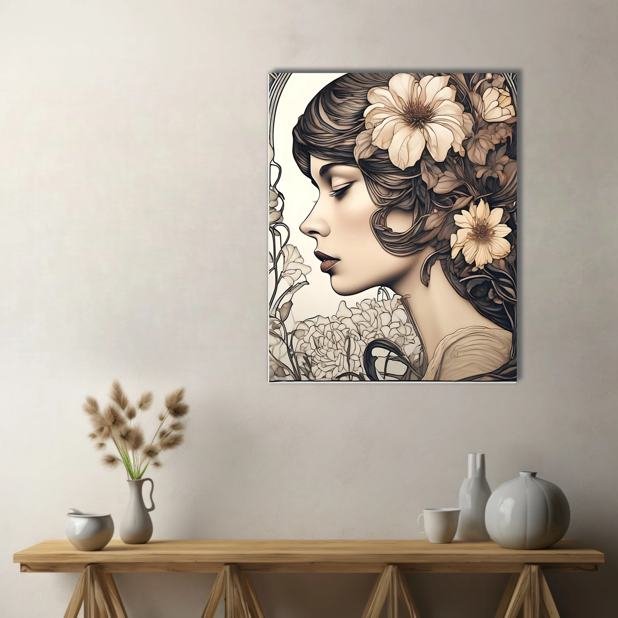 Decorative woman portrait with floral hair, sepia tones and sinuous linework