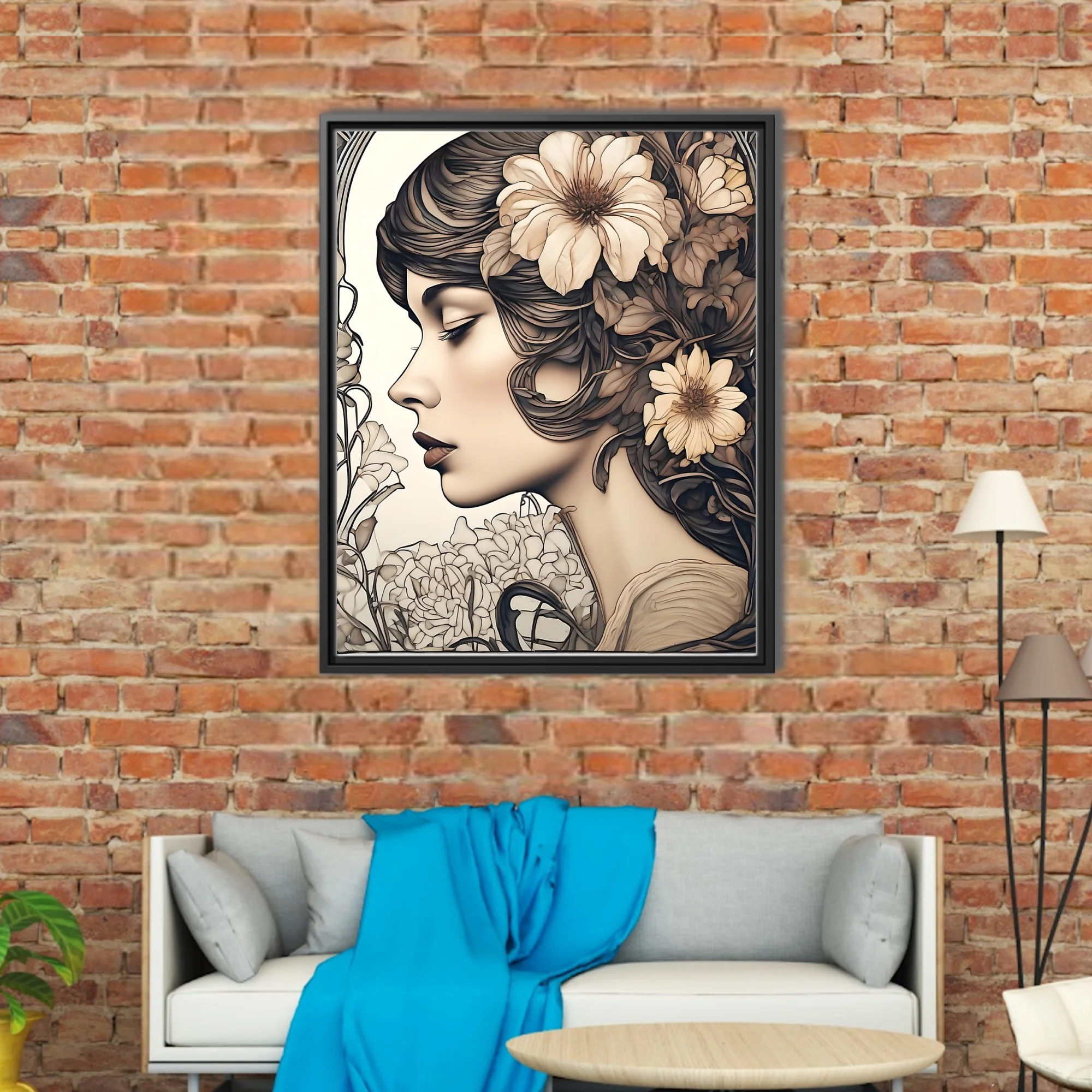 Decorative woman portrait with floral hair, sepia tones and sinuous linework