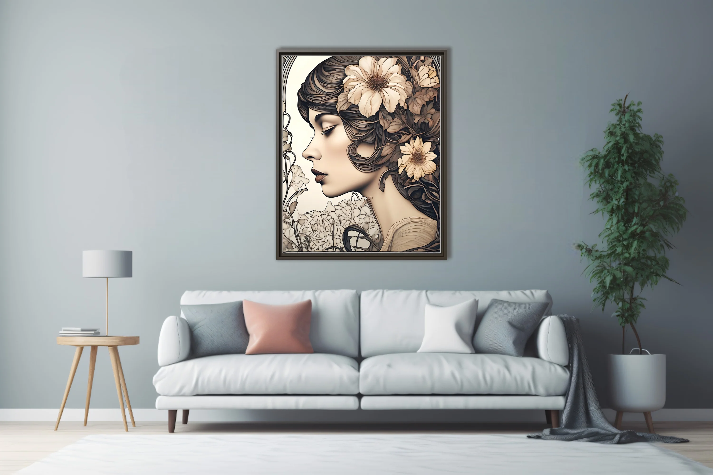 Decorative woman portrait with floral hair, sepia tones and sinuous linework