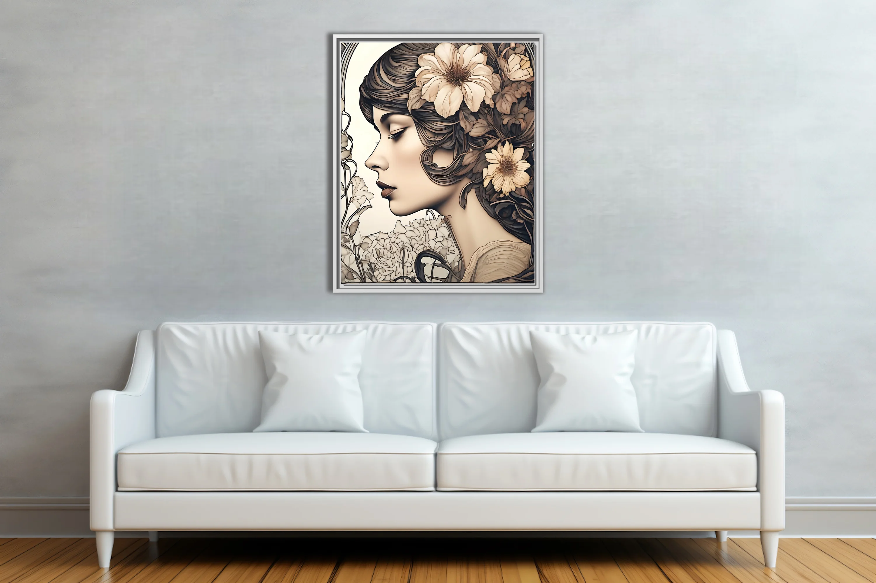 Decorative woman portrait with floral hair, sepia tones and sinuous linework
