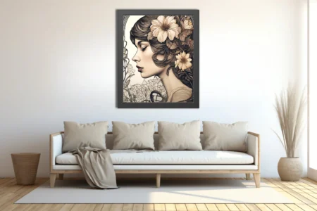 Decorative woman portrait with floral hair, sepia tones and sinuous linework