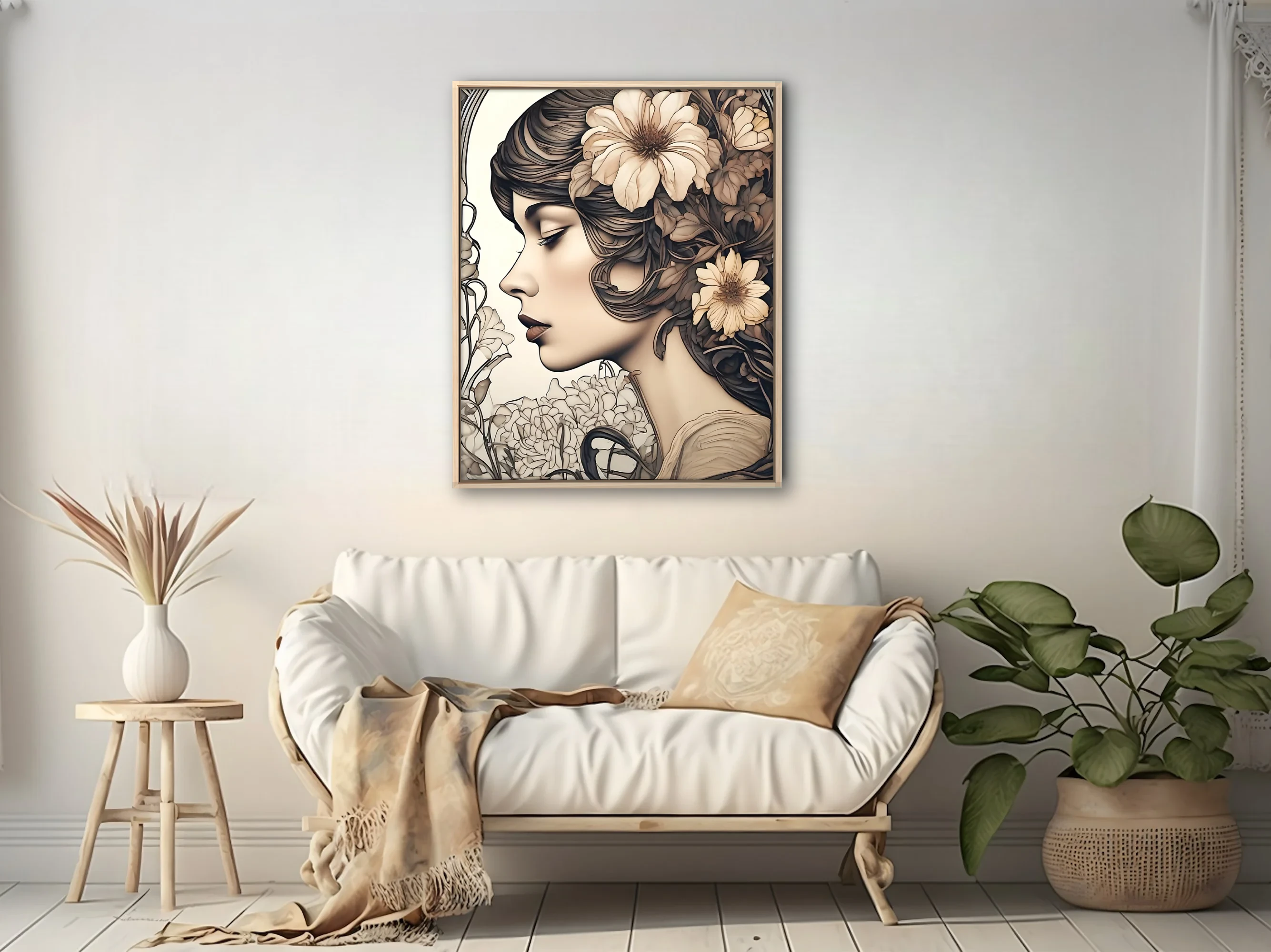 Decorative woman portrait with floral hair, sepia tones and sinuous linework