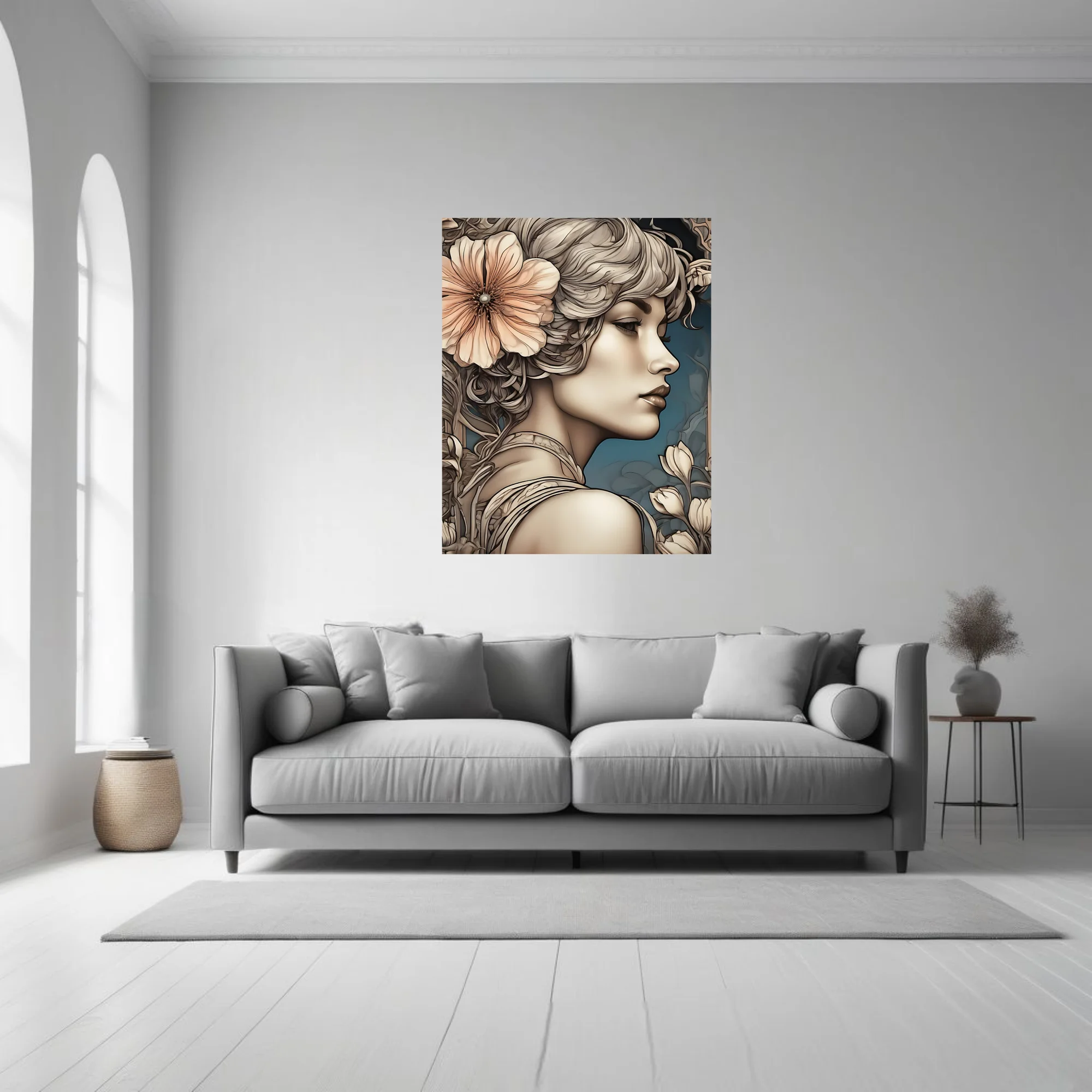 Decorative female portrait with floral motifs, ivory and blush palette