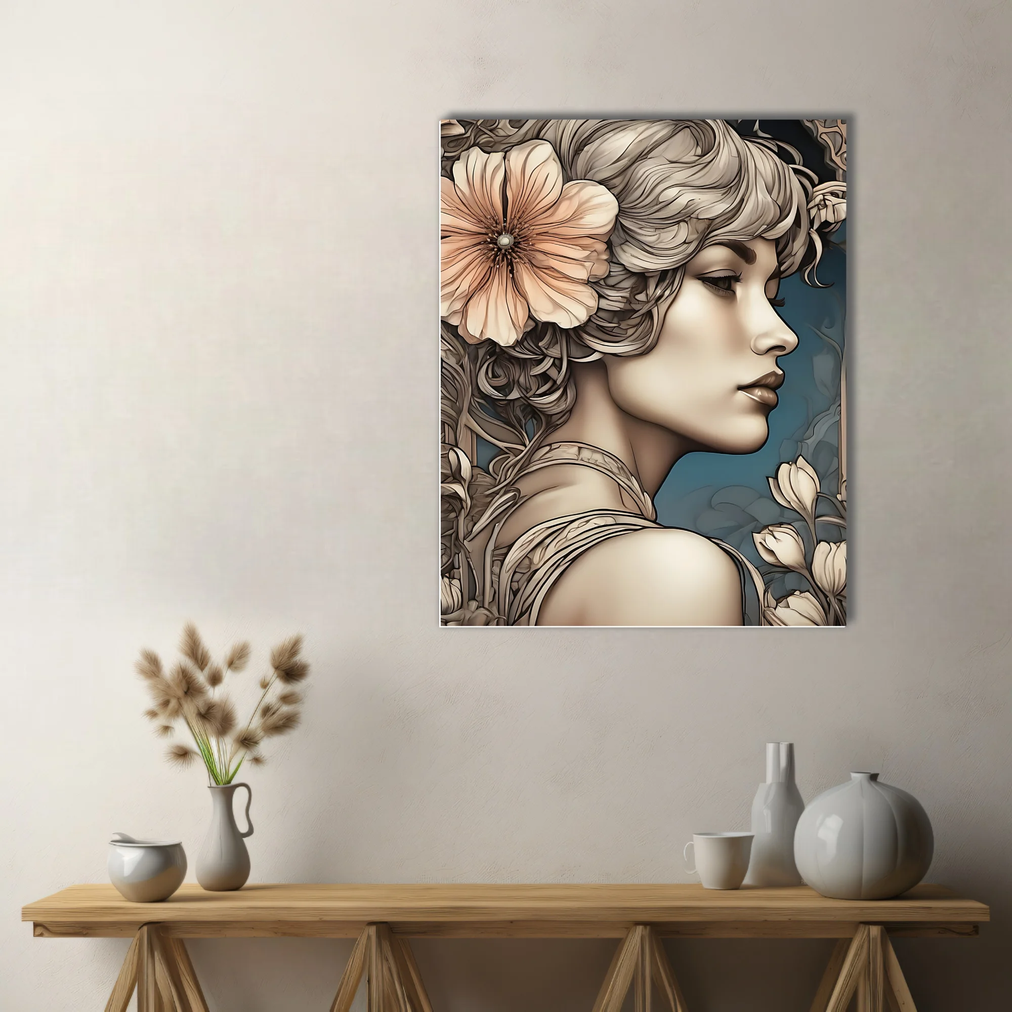 Decorative female portrait with floral motifs, ivory and blush palette