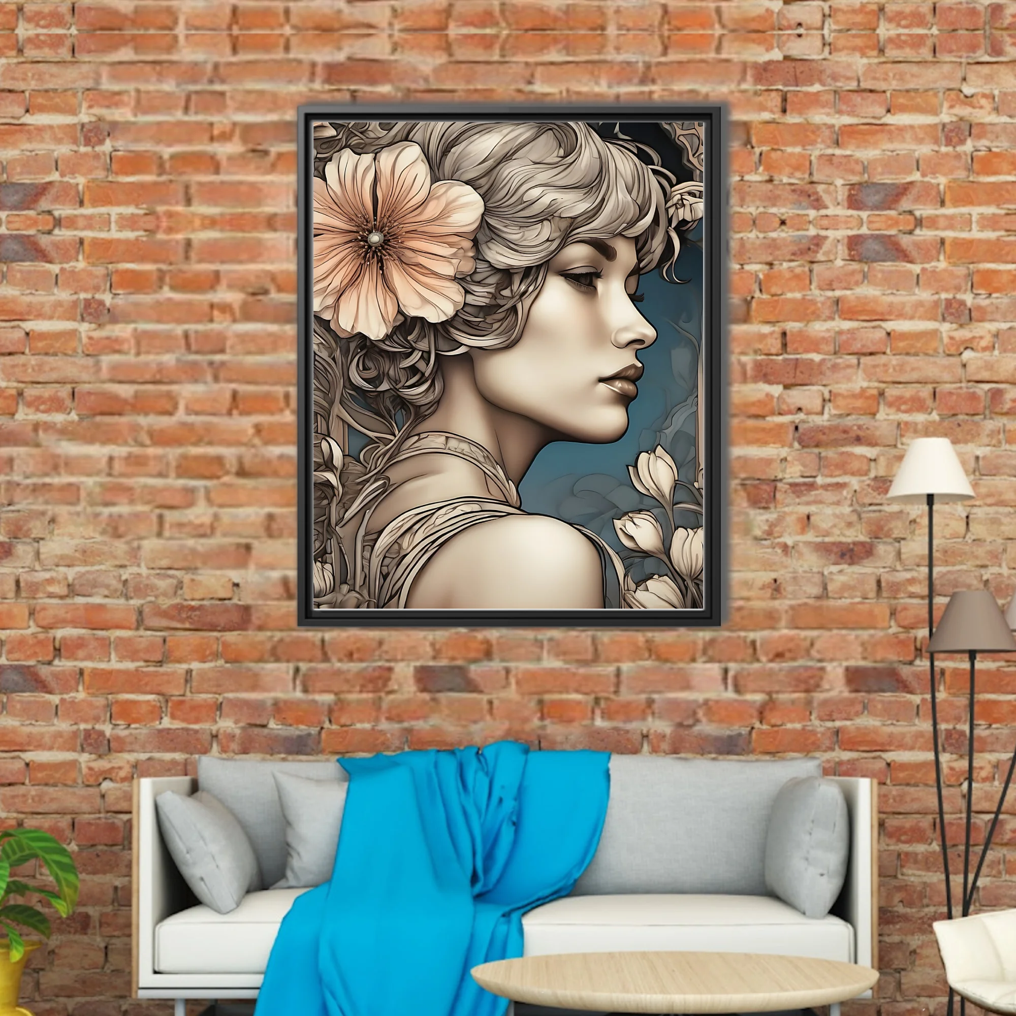 Decorative female portrait with floral motifs, ivory and blush palette