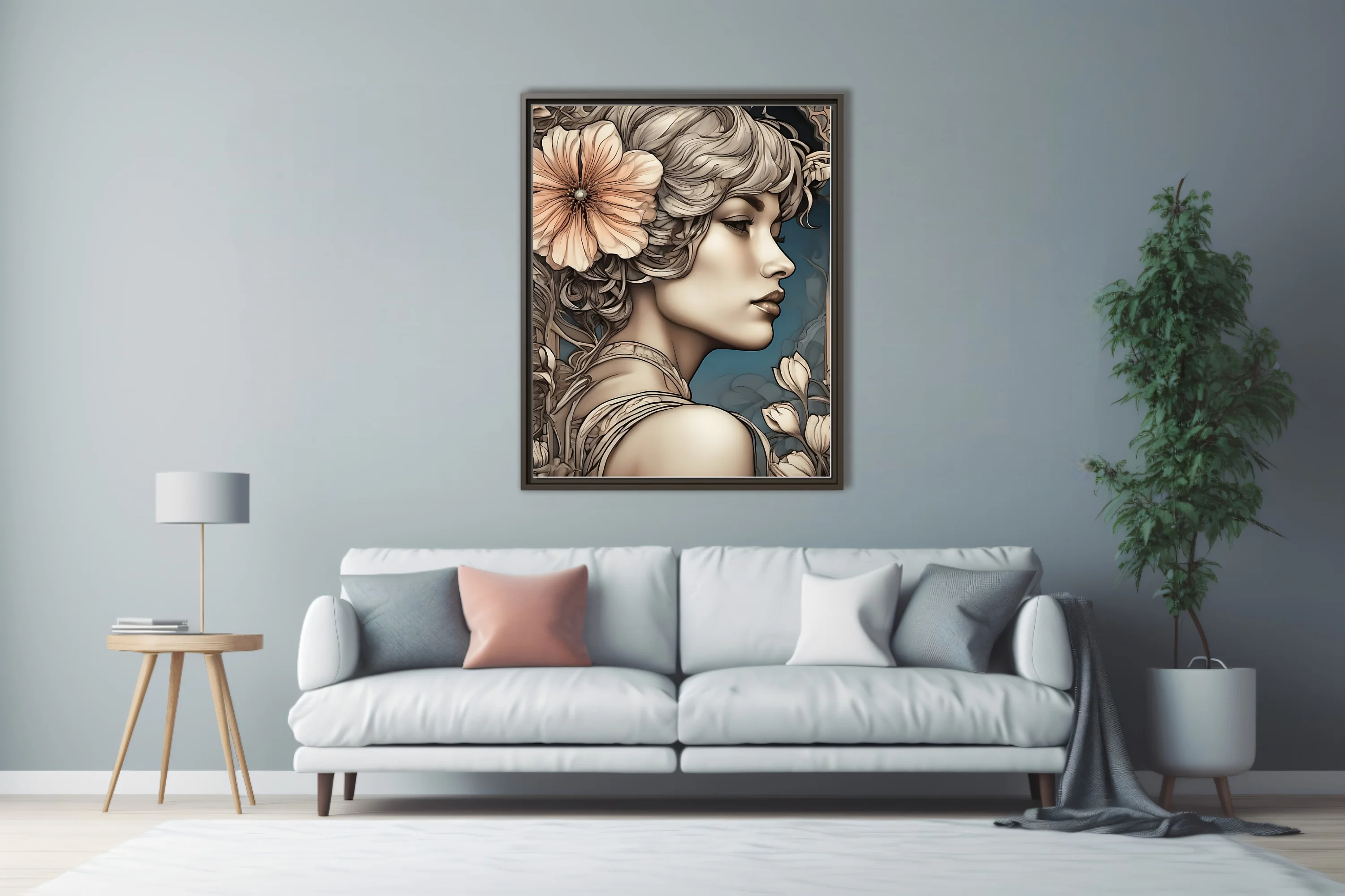 Decorative female portrait with floral motifs, ivory and blush palette