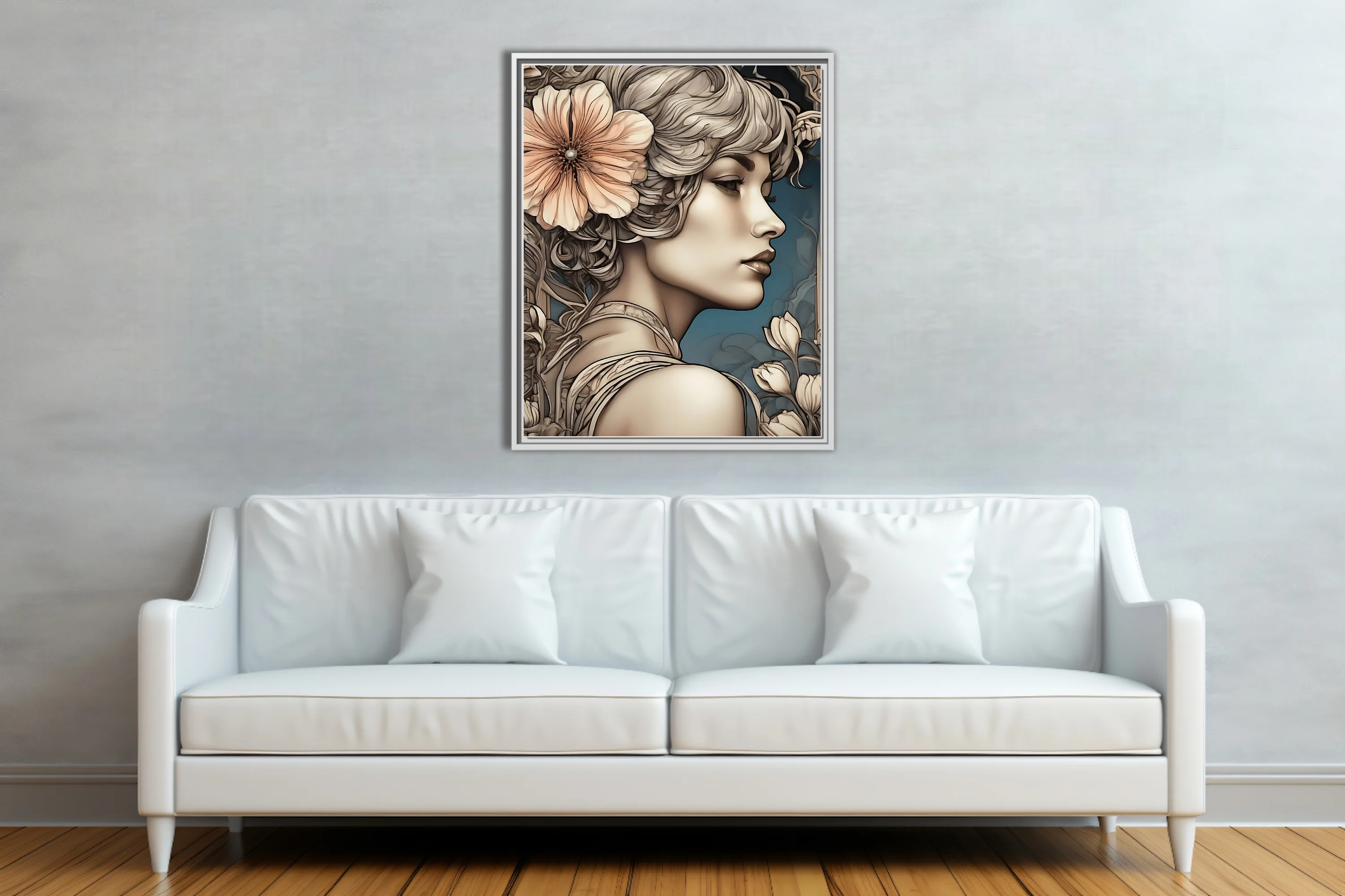 Decorative female portrait with floral motifs, ivory and blush palette
