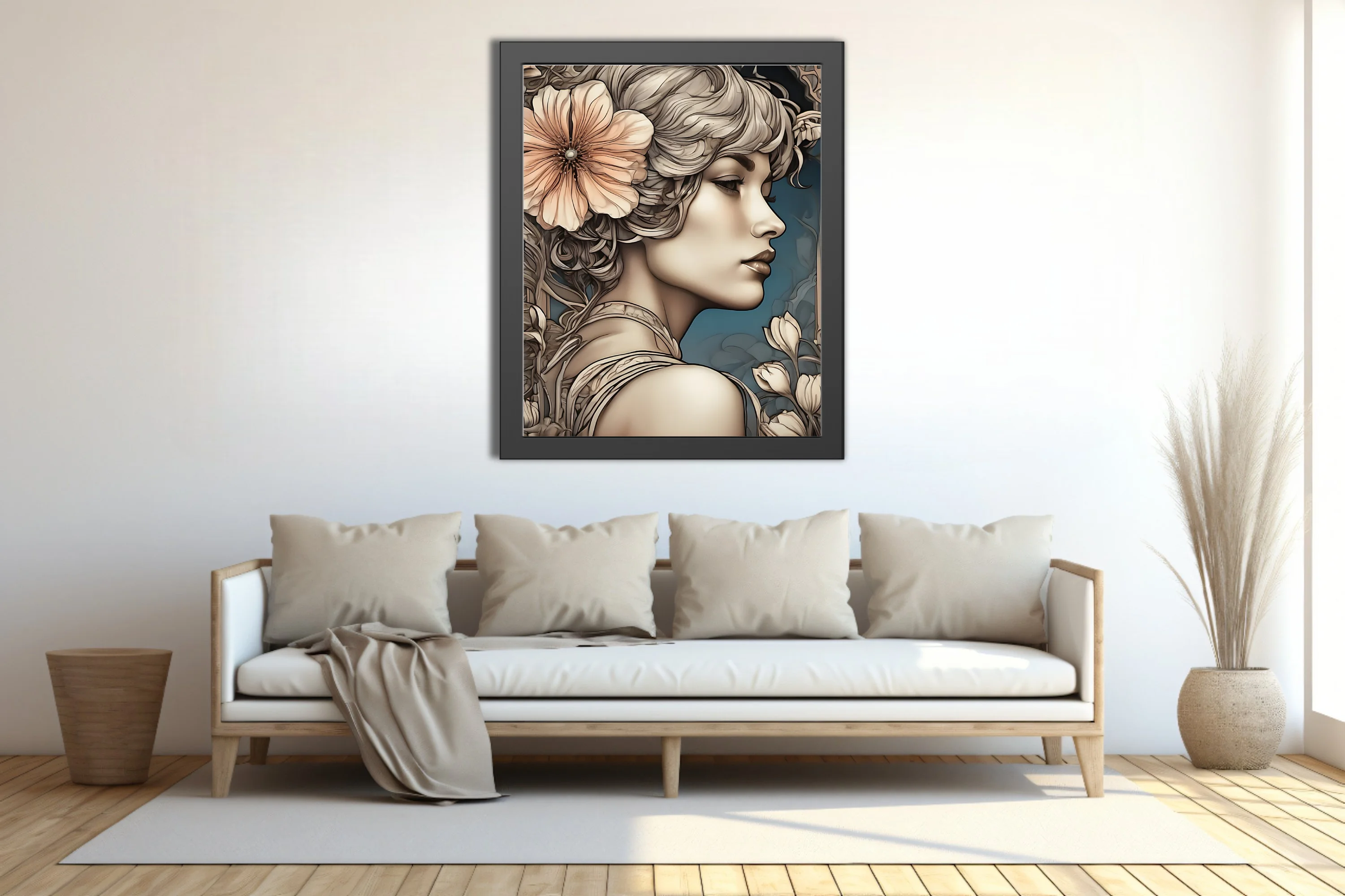 Decorative female portrait with floral motifs, ivory and blush palette