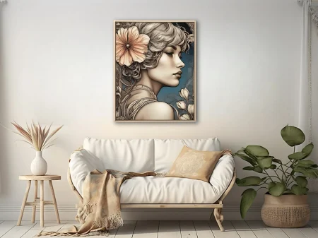 Decorative female portrait with floral motifs, ivory and blush palette