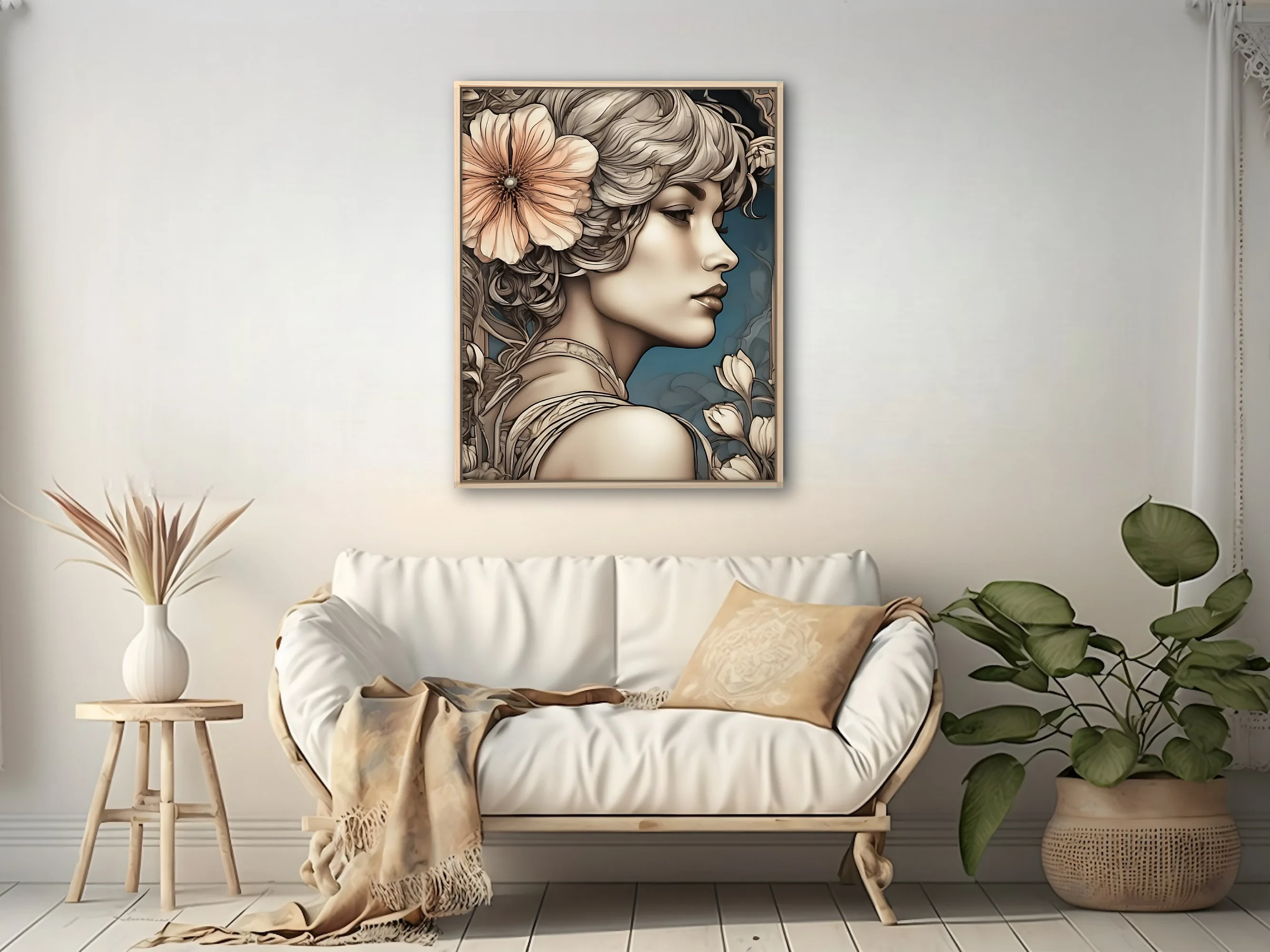 Decorative female portrait with floral motifs, ivory and blush palette