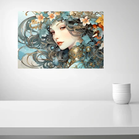 Ornate decorative fantasy portrait with floral motifs, swirling hair, and steampunk details in teal and gold