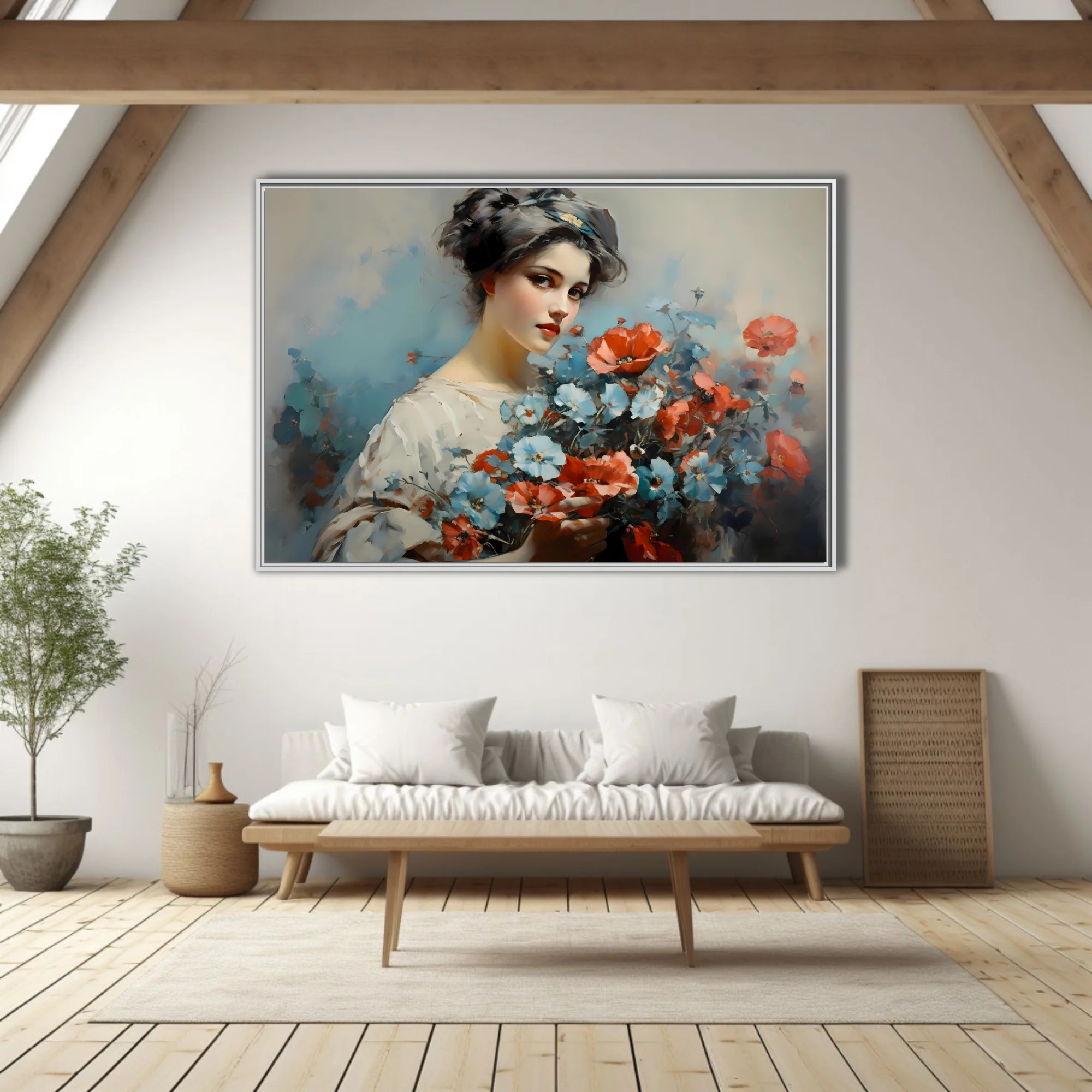 Painterly portrait of a young woman holding poppies and blue blossoms in coral, blue, and ivory tones