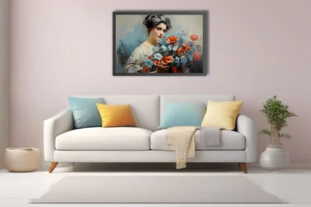 Painterly portrait of a young woman holding poppies and blue blossoms in coral, blue, and ivory tones