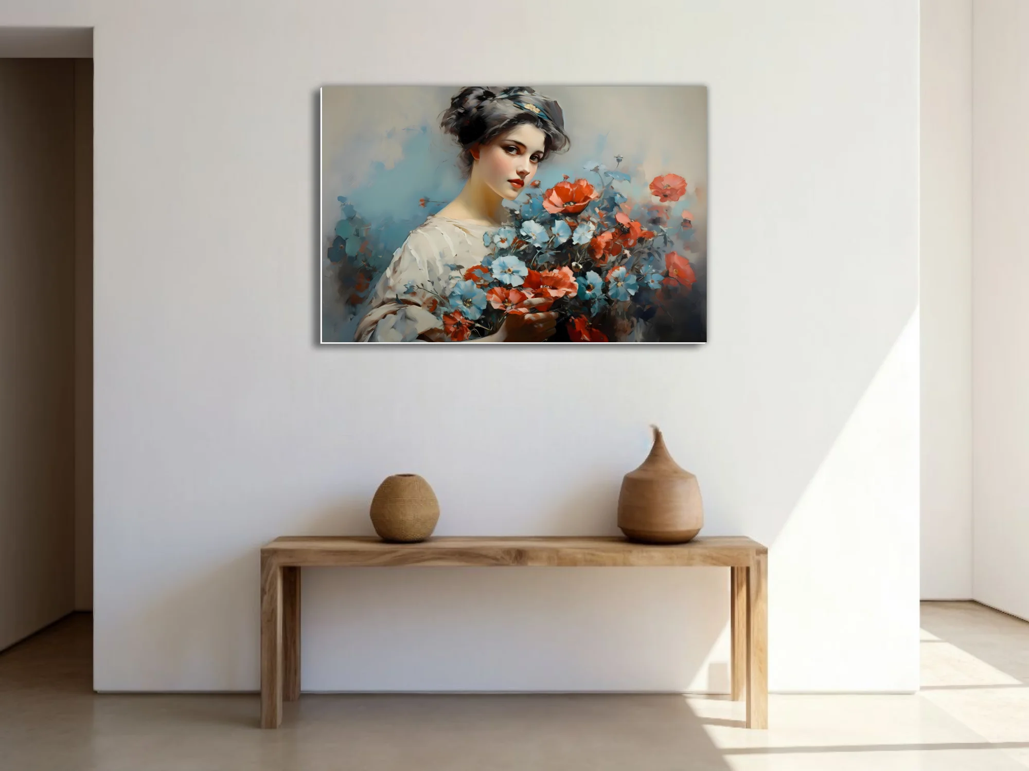 Painterly portrait of a young woman holding poppies and blue blossoms in coral, blue, and ivory tones