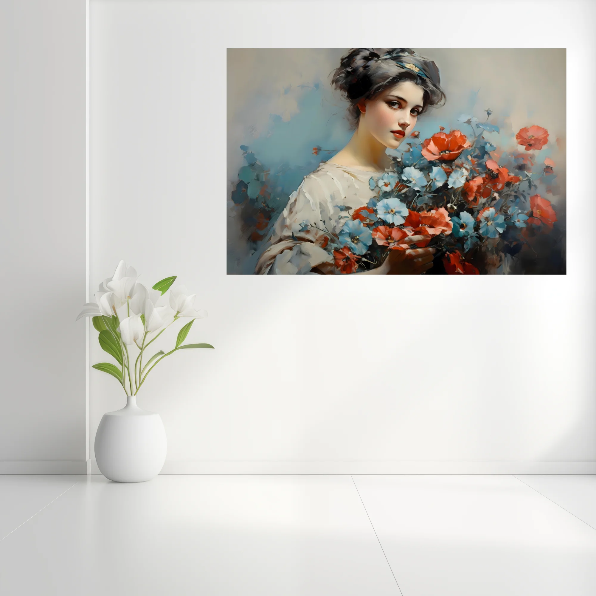 Painterly portrait of a young woman holding poppies and blue blossoms in coral, blue, and ivory tones