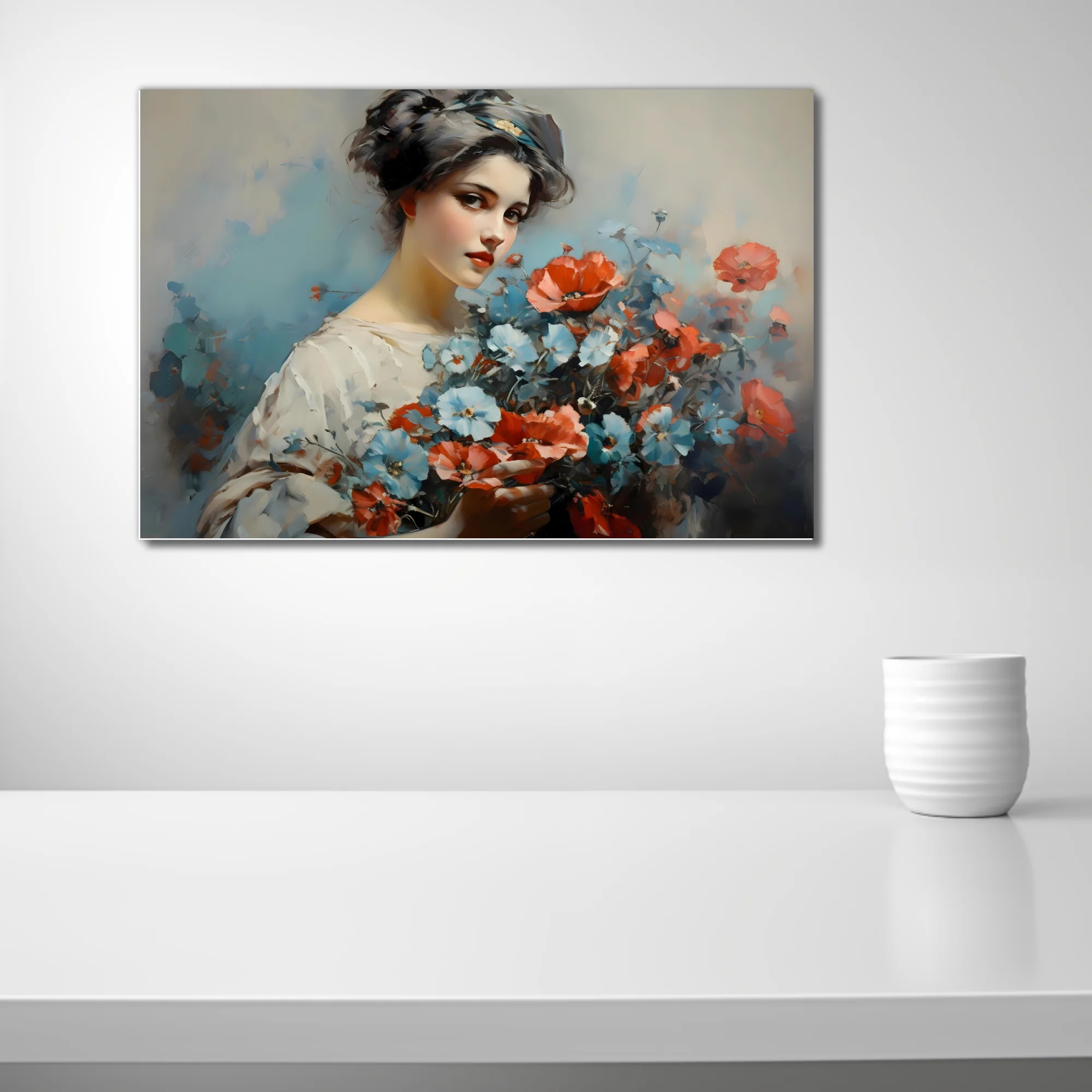 Painterly portrait of a young woman holding poppies and blue blossoms in coral, blue, and ivory tones