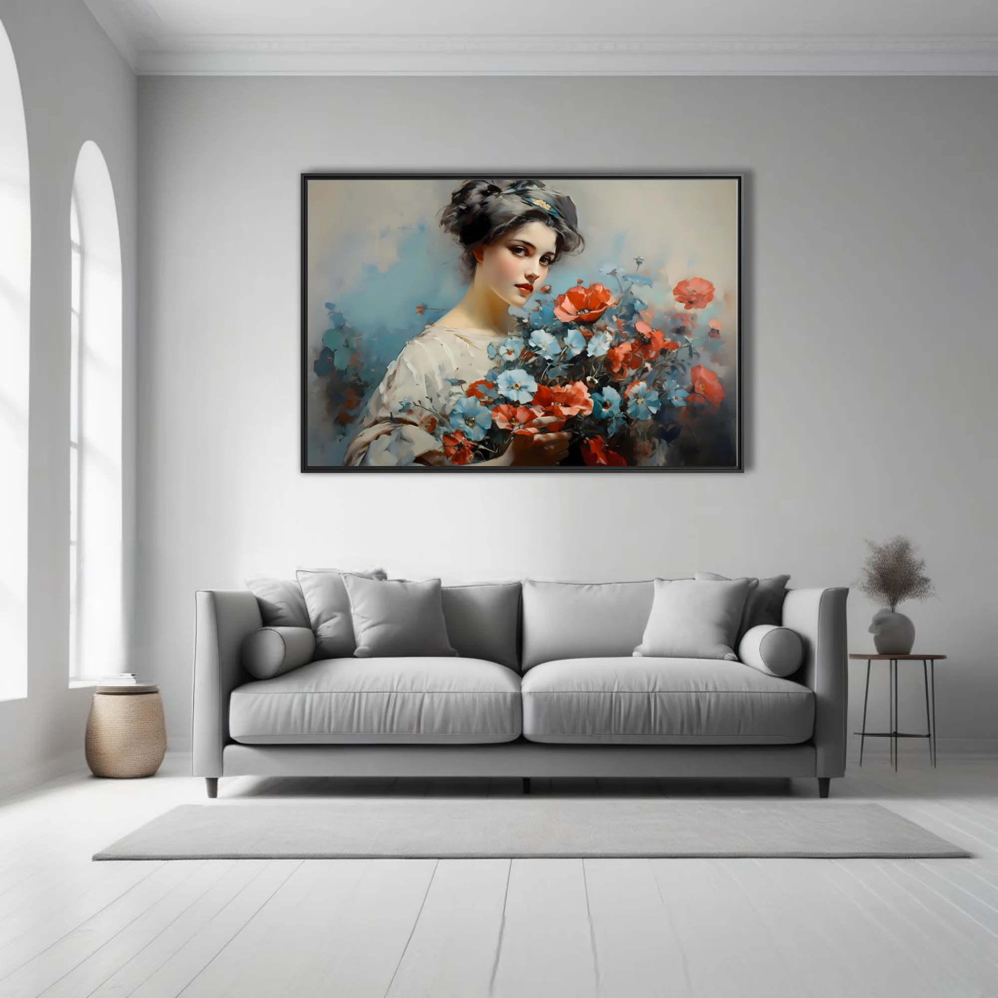 Painterly portrait of a young woman holding poppies and blue blossoms in coral, blue, and ivory tones