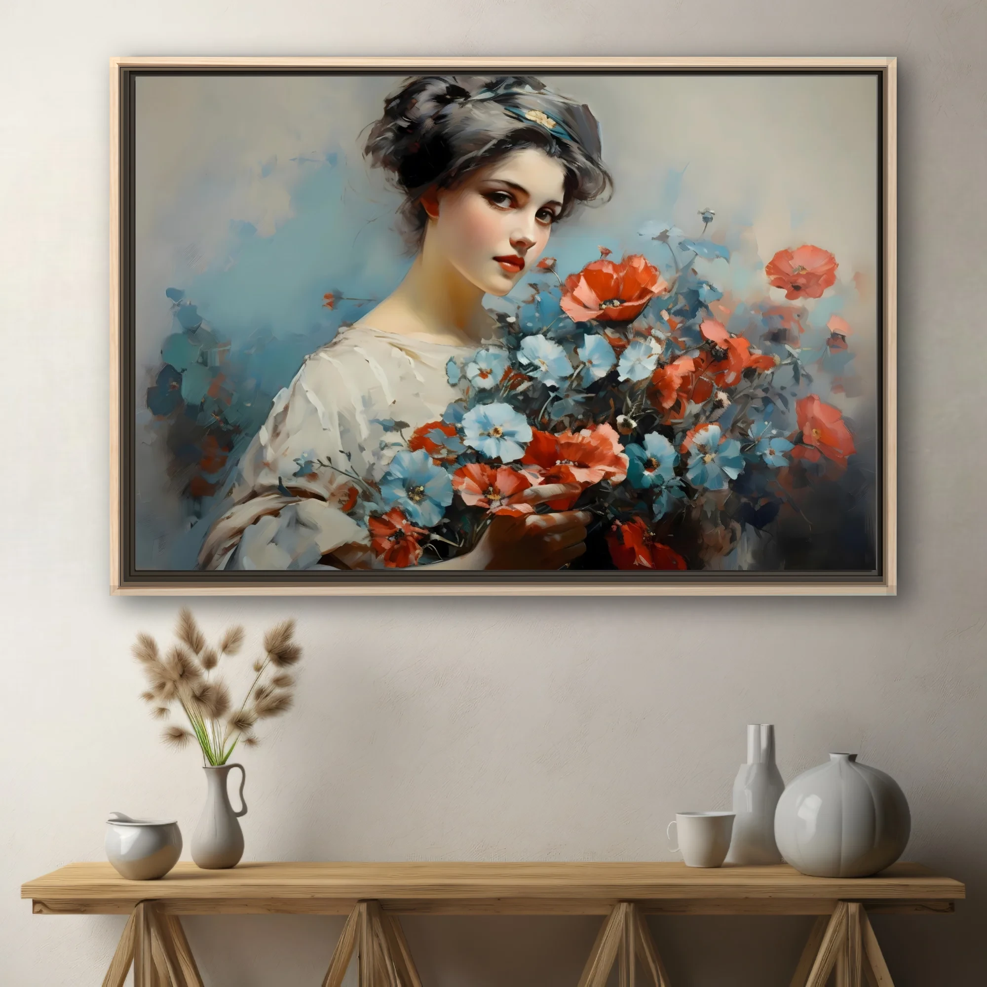 Painterly portrait of a young woman holding poppies and blue blossoms in coral, blue, and ivory tones
