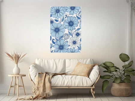 Blue and white botanical floral illustration with daisy blooms and fine linework