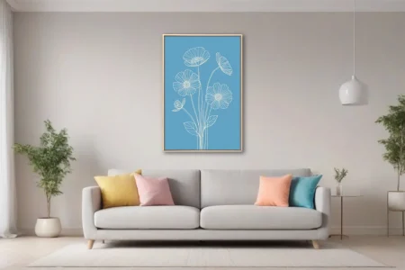Minimalist white line-art botanical flowers on vivid blue background